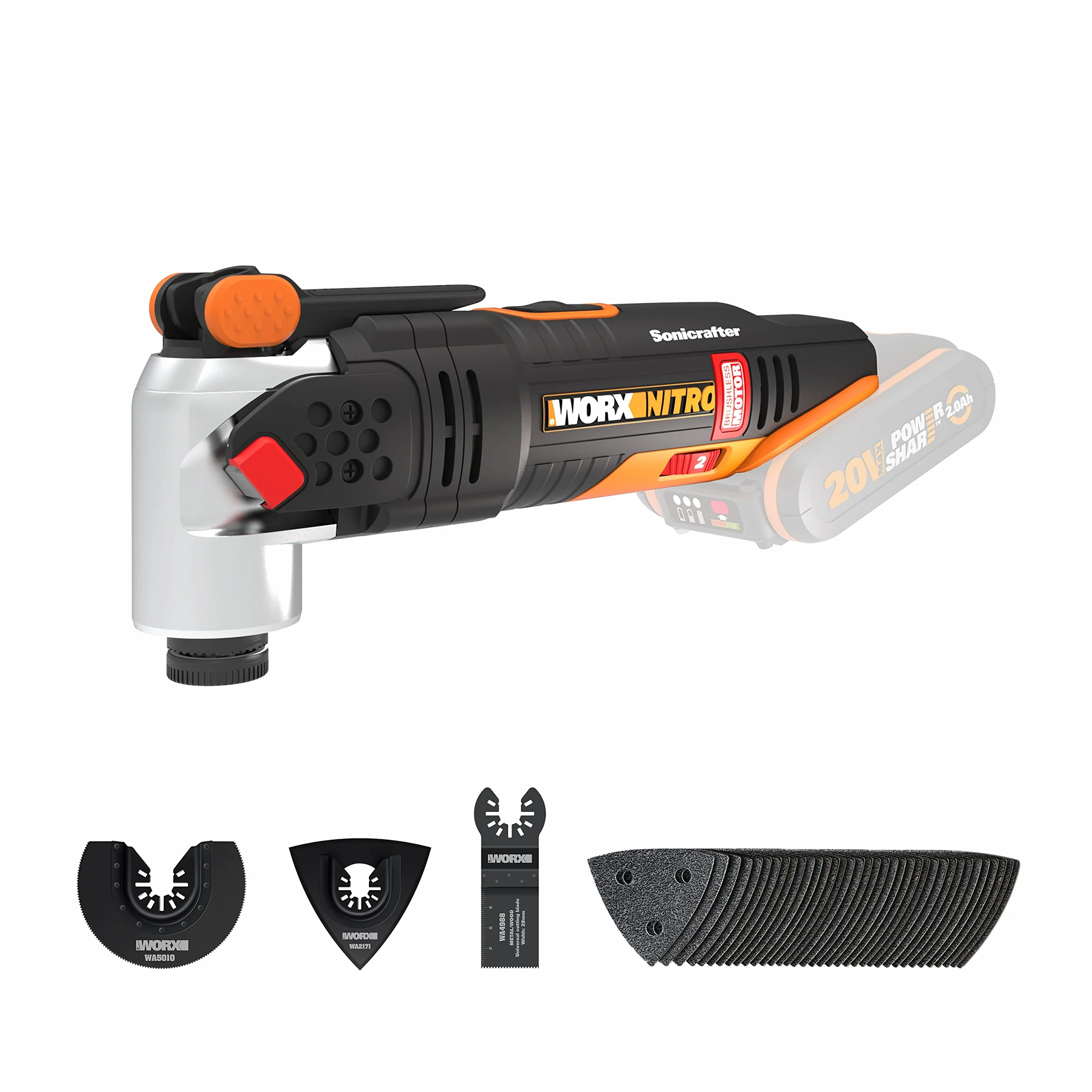 Worx WX693.9 Multifunzione ad Oscillazione Sonicrafter a Batteria 20V, Motore Brushless, Set di 39 pezzi, Velocità Di Oscillazione 8.000-18.000/min., Angolo di Oscillazione 4° - Solo Corpo Macchina