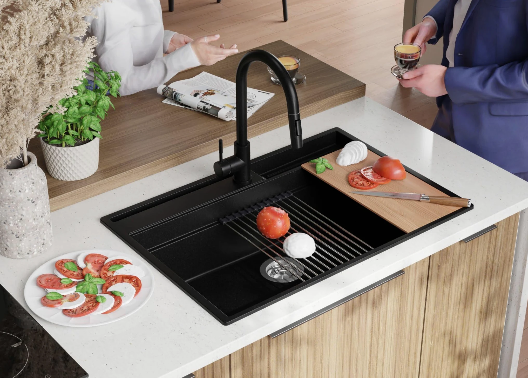 PRIMAGRAN Lavello da Cucina Nero 78x53cm, Lavandino in Granito a 1 vasca + Sifone Classico, Lavabo da Cucina Incasso al Mobile 80cm - Oslo Pocket S335