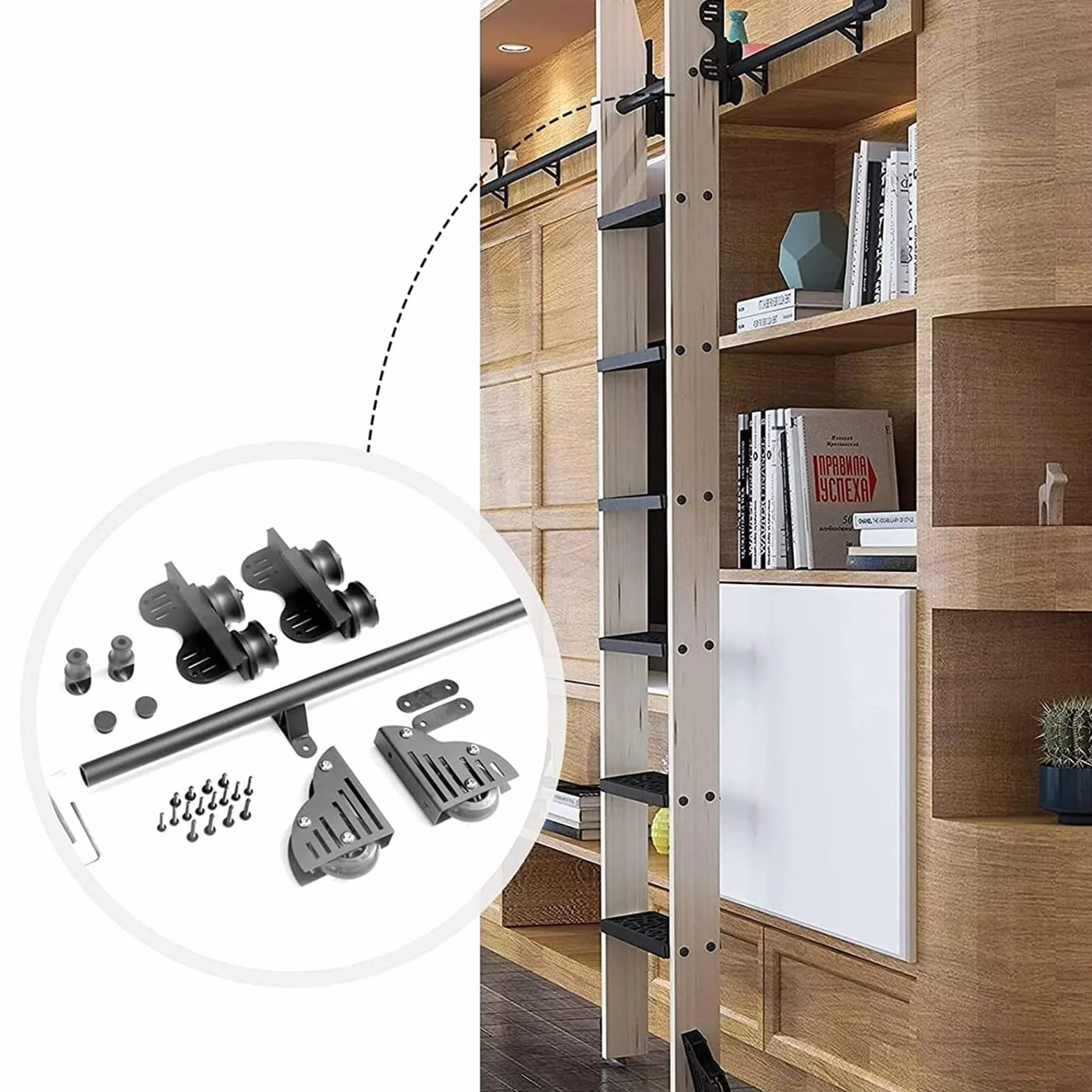 Kit Hardware per Scala per Biblioteca Binario Scorrevole Retrattile con rotelle con Rullo a Pavimento, Posizionamento Verticale, Design salvaspazio - Nessuna Scala Inclusa