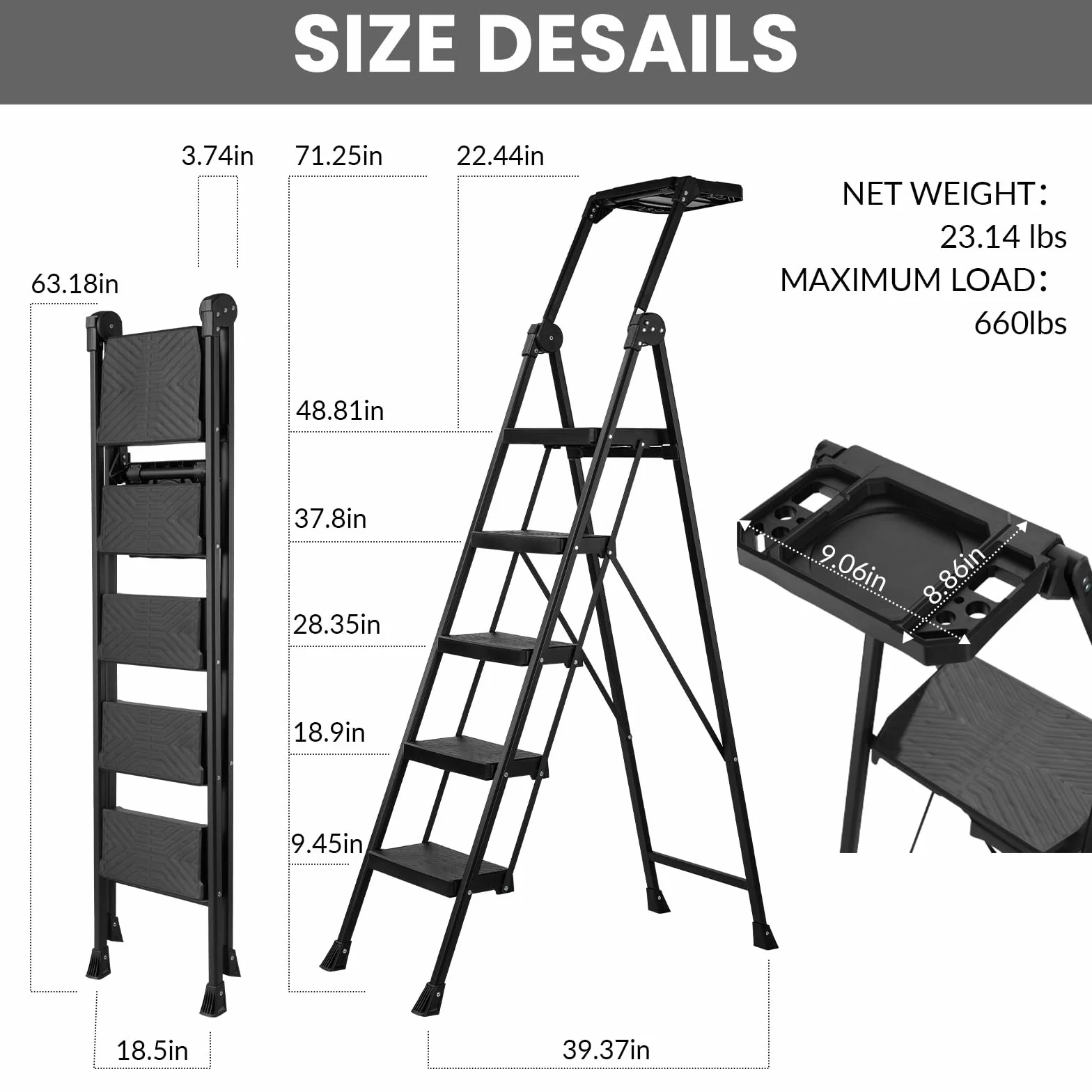XinSunho Scala 5 Gradini Pieghevole, Massima 300 kg, Scaletta con Piattaforma per Attrezzi, Corrimano, Ampio Pedale Antiscivolo, Scaletto in Acciaio per Casa Giardino Pittura, Nero