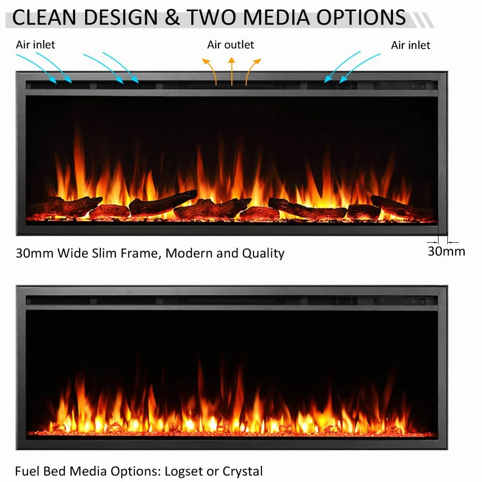 FLAMME Camino elettrico da incasso a parete Castello Slim Frame da 50" con 3 colori fiamma 750W/1500W