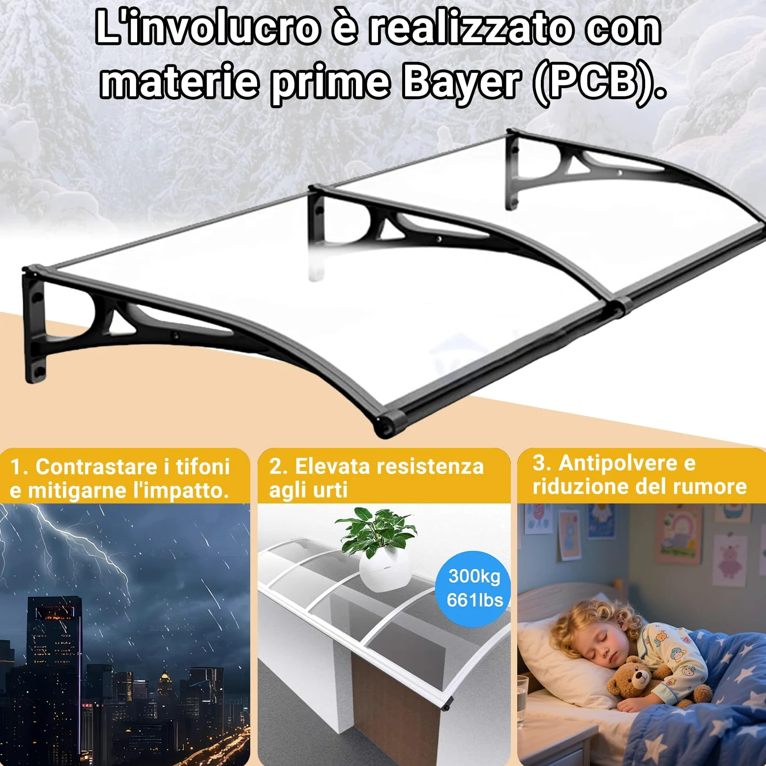 Pensilina Tettoia, Tettoia per Esterno, Pensilina da Esterno in Policarbonato, Resistente ai raggi UV/alla pioggia,Tettoia per Esterno/Porte/Balcone/Finestre 80x230cm
