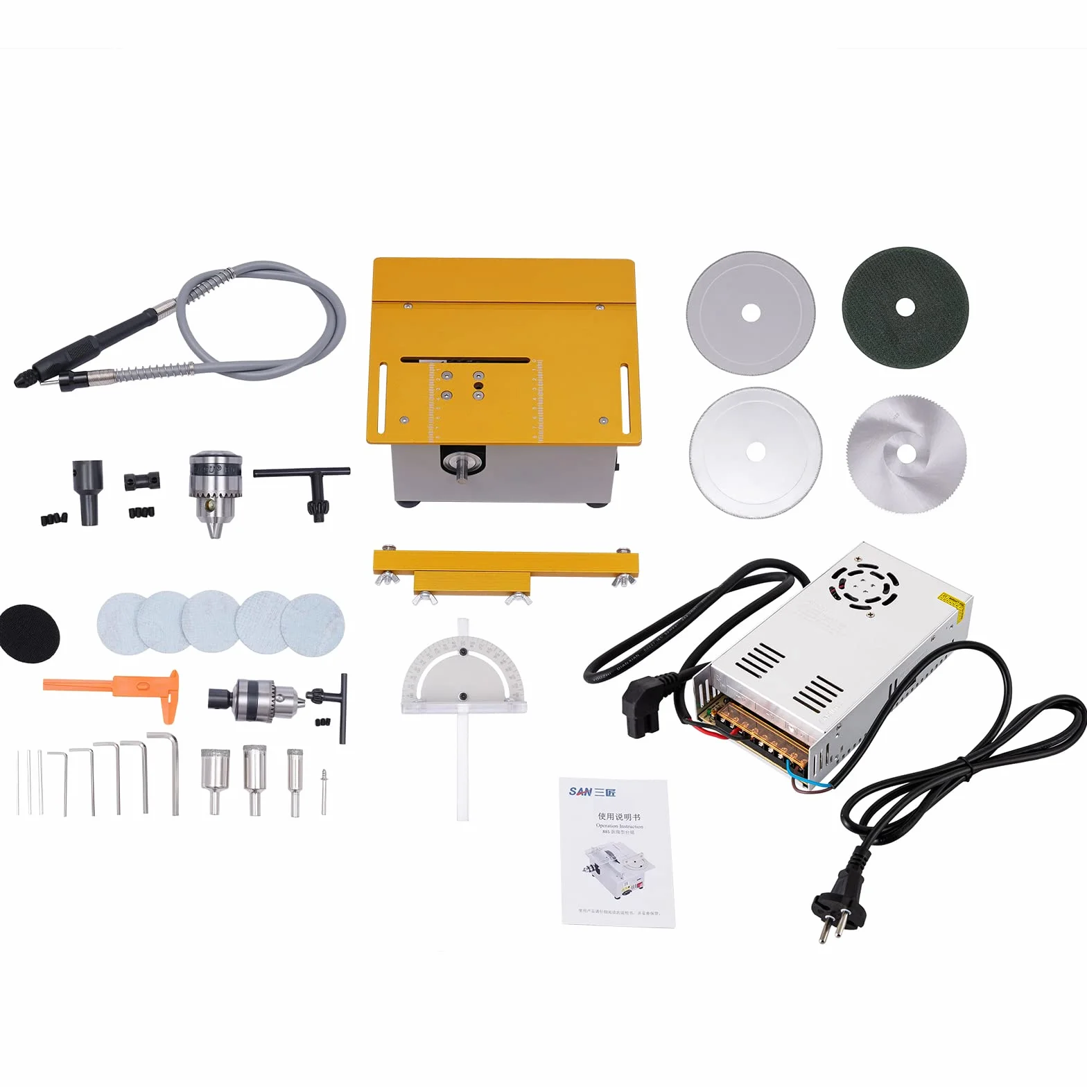 9000 RPM Sega circolare da tavolo con 4 lame per sega, 300 W, mini sega elettrica da tavolo con spessore di taglio 0-29 mm, per taglio, levigatura, lucidatura, intaglio