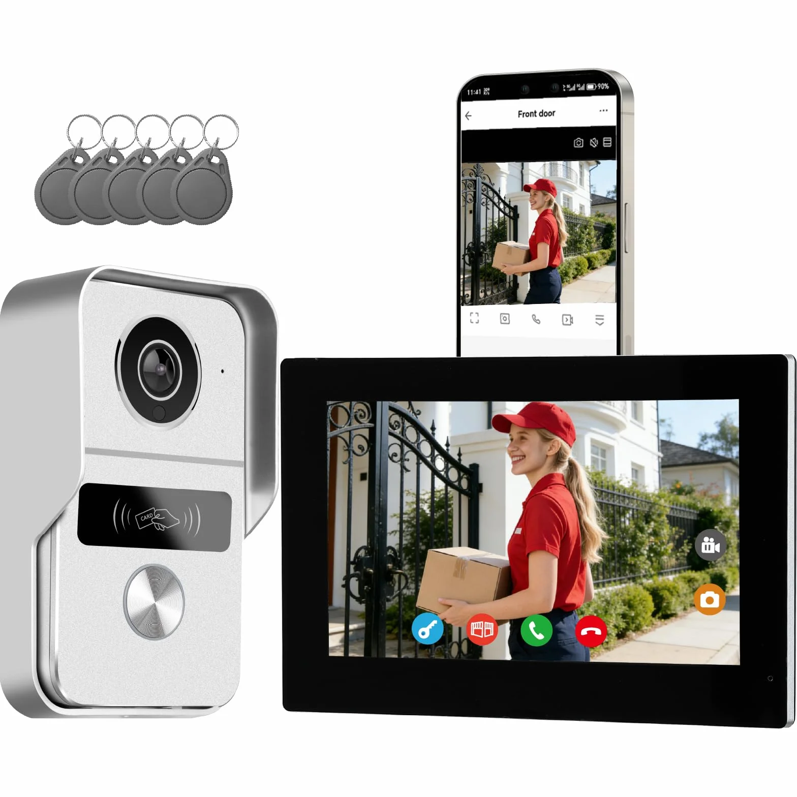 Sistema di videocitofono a 2 fili, 1080p e Audio Bidirezionale, sblocco remoto porta/cancello, controllo accessi RFID, touch screen da 7 pollici, rilevamento presenza, uscita porta