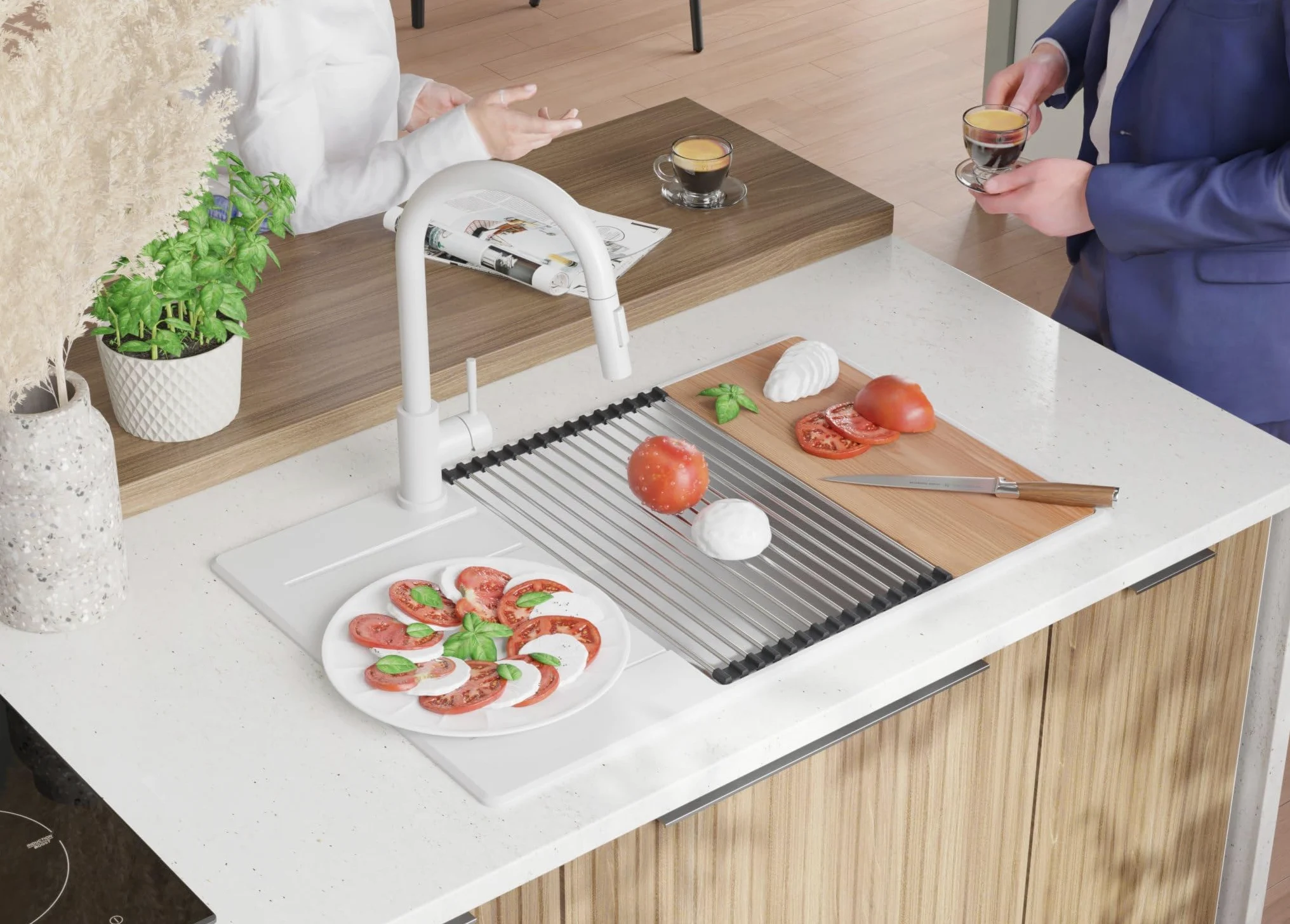 PRIMAGRAN Lavello da Cucina Tutto Bianco 78x50cm, Lavandino in Granito a 1 vasca + Sifone Classico, Lavabo da Cucina Incasso al Mobile 60cm - Copenhagen Top S572