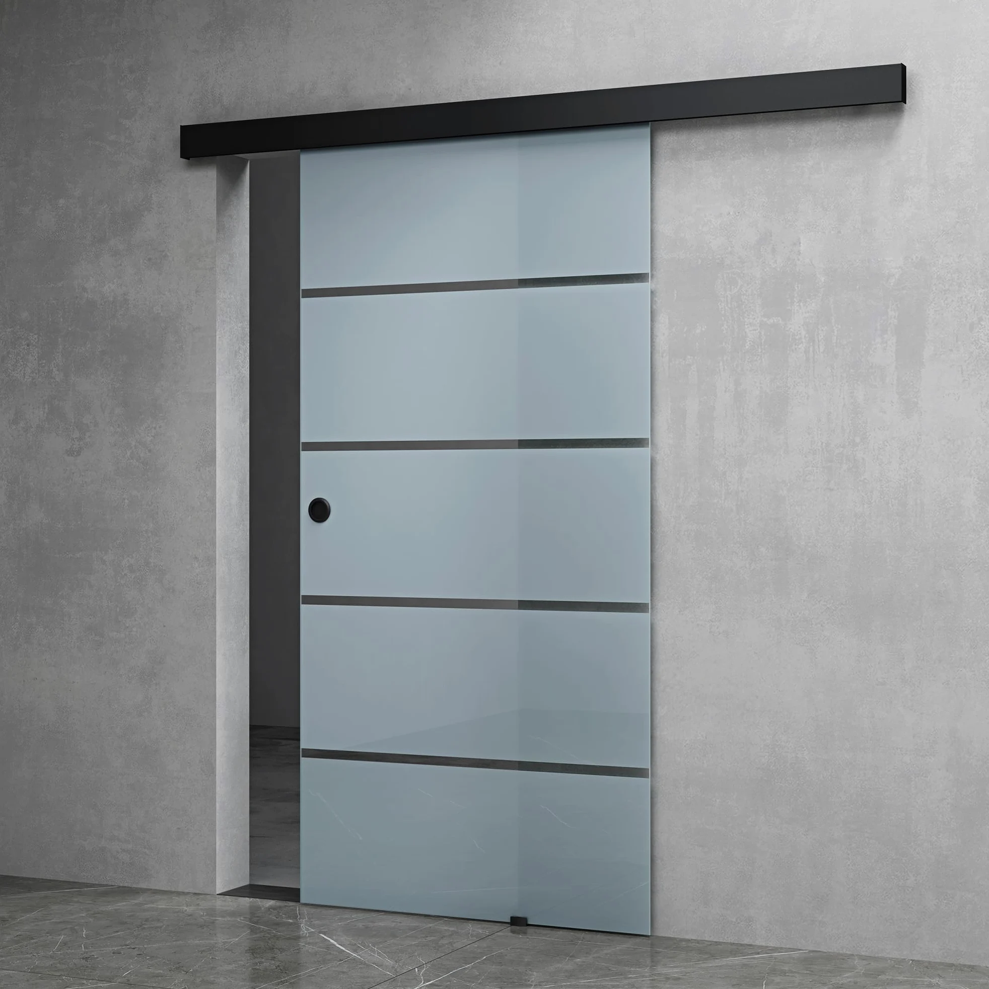 Mai & Mai Porta Scorrevole in Vetro 102.5x215cm, Porta Scorrevole in Vetro Satinato 8mm in 5 Strisce con Binario e Maniglia Rotonda per Bagno Cucina Studio Ufficio, Nero, Amalfi-plus 11H