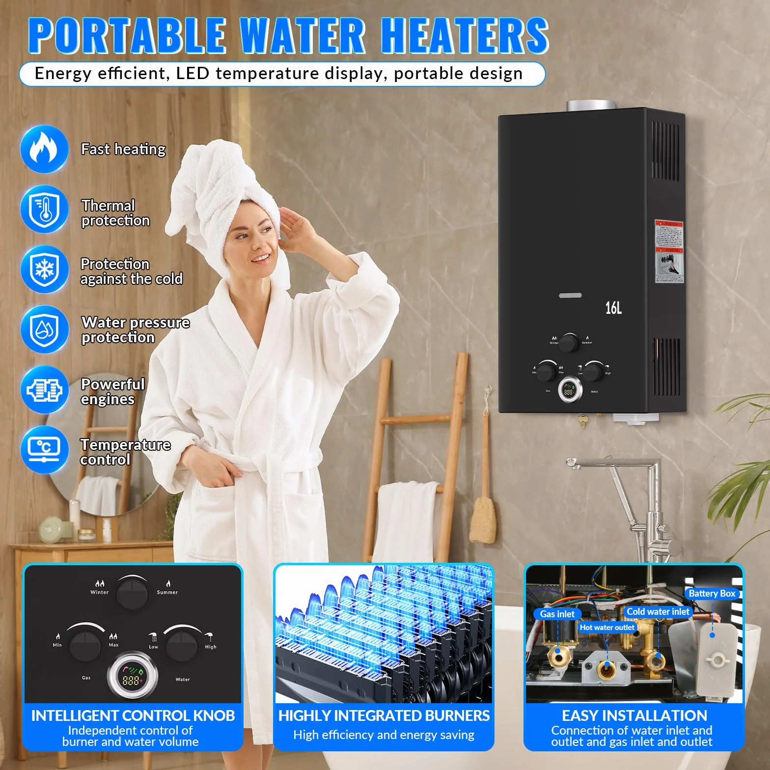 Scaldabagno a Gas 16L, All'aperto Portatile Scaldabagno Istantaneo a Propano con Display Digitale Multi-Protezione, Parete senza Serbatoio Scaldacqua Istantaneo Automatico, classe energetica A+
