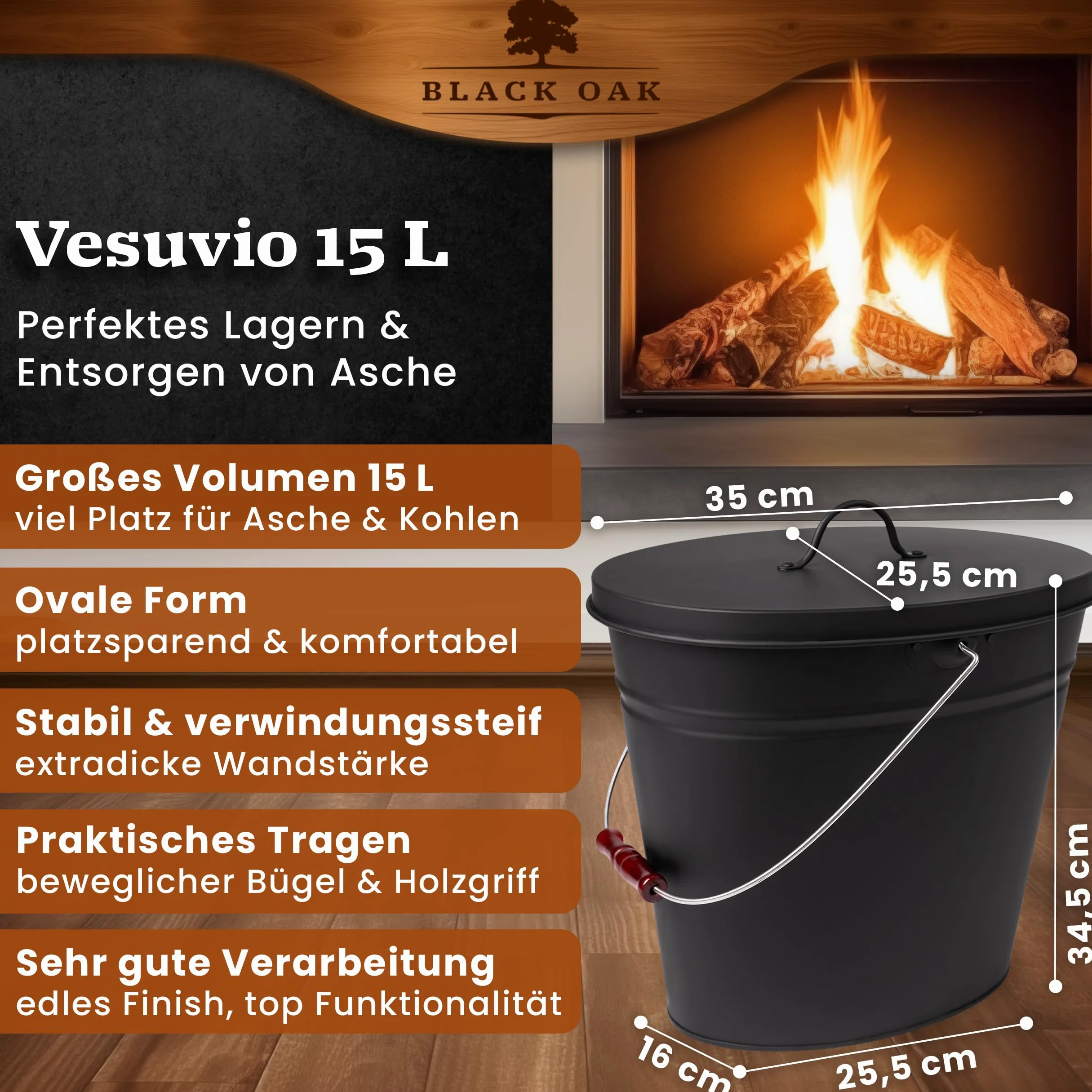 BLACK OAK Secchio per cenere Vesuvio 15L – nero ovale con coperchio - grande 15 litri - in acciaio resistente al fuoco zincato e verniciato a polvere, ideale per cenere e carbone, accessorio perfetto