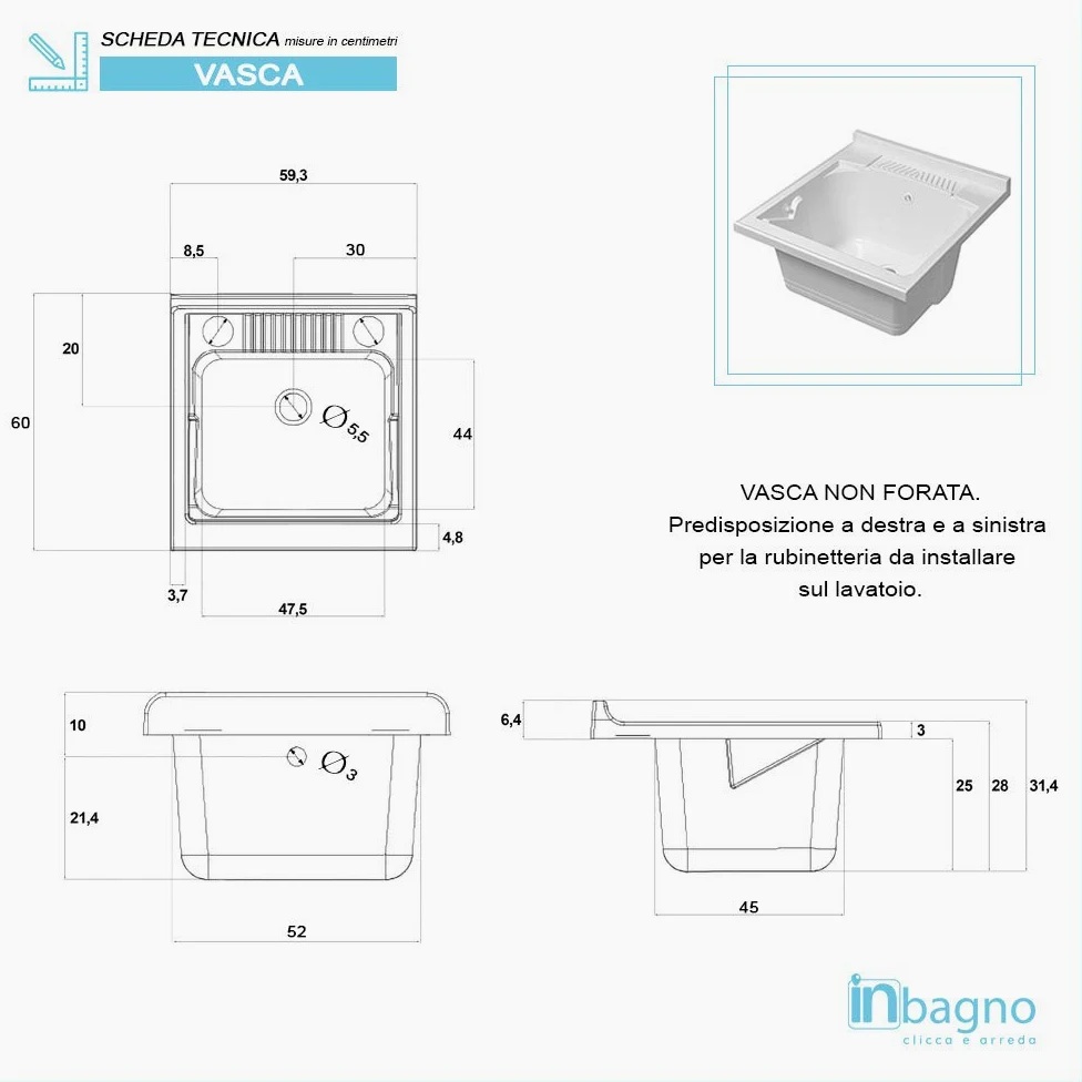 Mobile lavatoio in Resina, ideale per esterni e interni, 45x50-50x50-45x60-60x50-60x60, COMPLETO di asse lavaggio e kit sifone + piletta (60x60)
