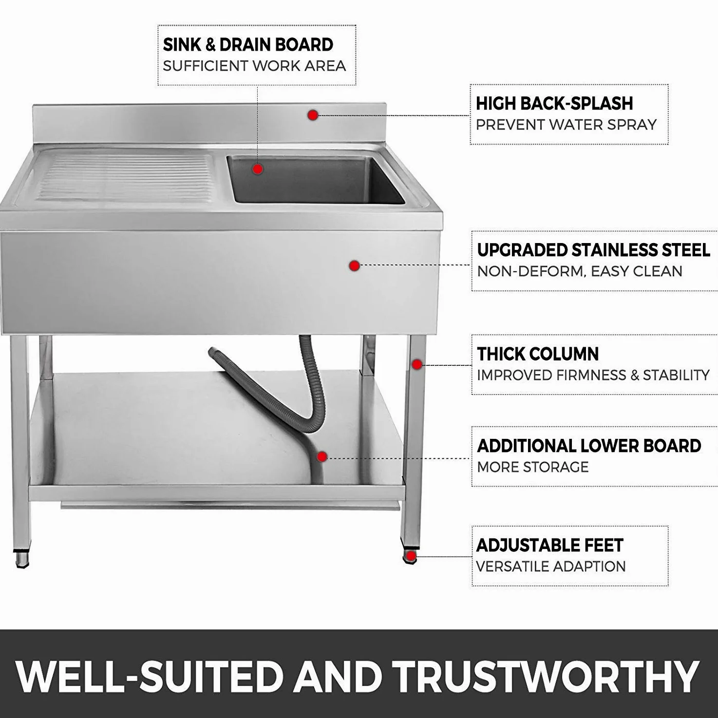 Lavello da Cucina in Acciaio Inox 100 x 60 x 83,5cm, Lavelli in Acciaio con Vasca 40 x 40 x 25cm, Lavello 1 Vasca 1 Pannello Inox 201, Lavello Cucina con Mobile per Casa Ristorante Bar Mensa