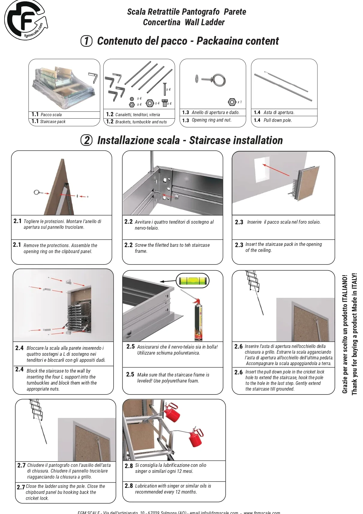 Scala Retrattile Pantografo Parete | Gradino Lato 60 | Misura 60x90 H=276-300 cm