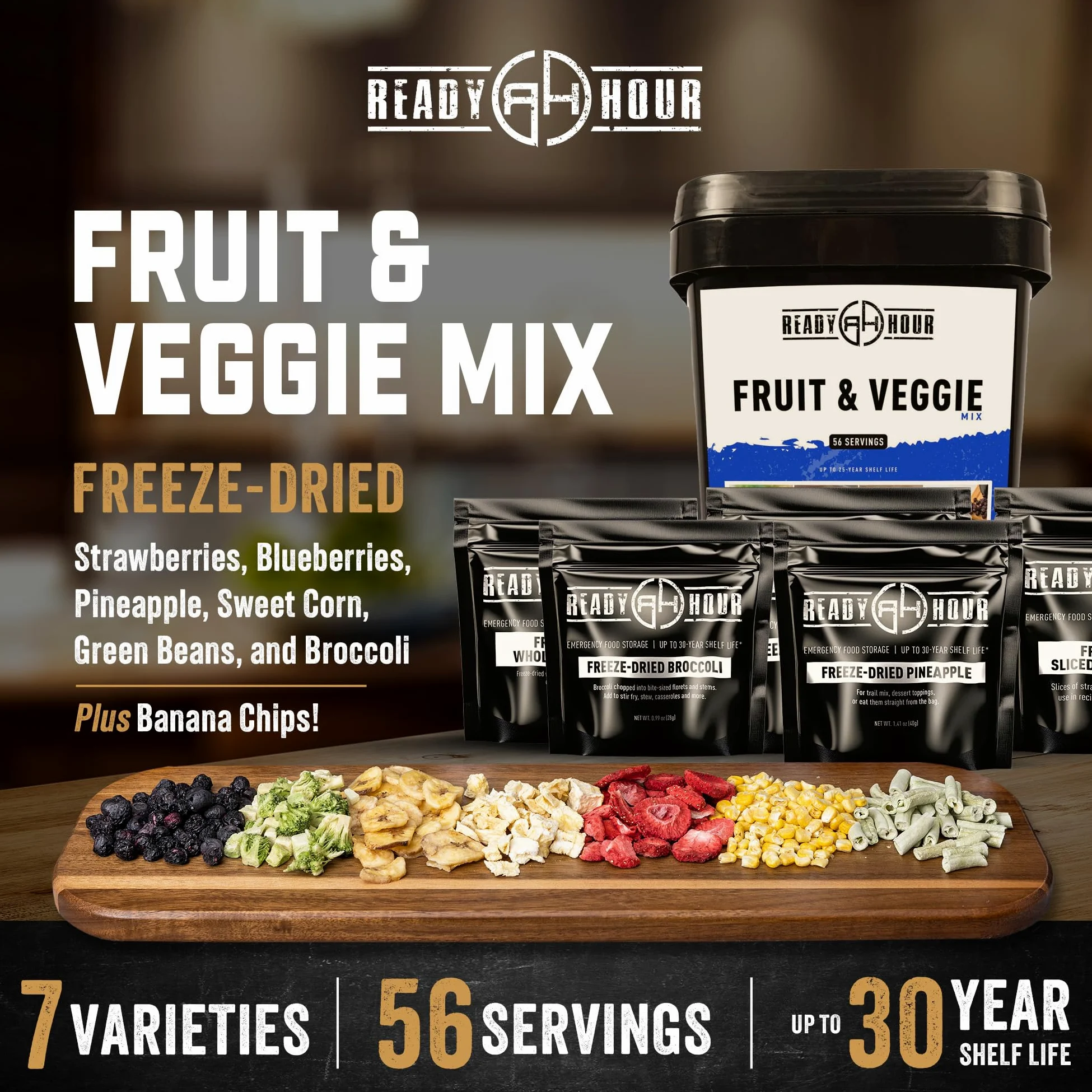 Ready Hour, Miscela di frutta e verdura, Cibo liofilizzato non deperibile, Durata di conservazione di 30 anni, Fornitura alimentare portatile di emergenza e avventura, Contenitore resistente alle
