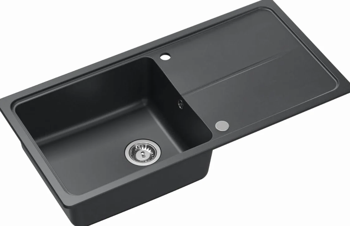 QUADRON NEAL 146 Lavello in granito per cucina, dimensioni: 100 x 50 x 21,5 cm, nero, lavello da cucina a vasca singola Set: lavello in granito + sifone manuale + tappo di copertura