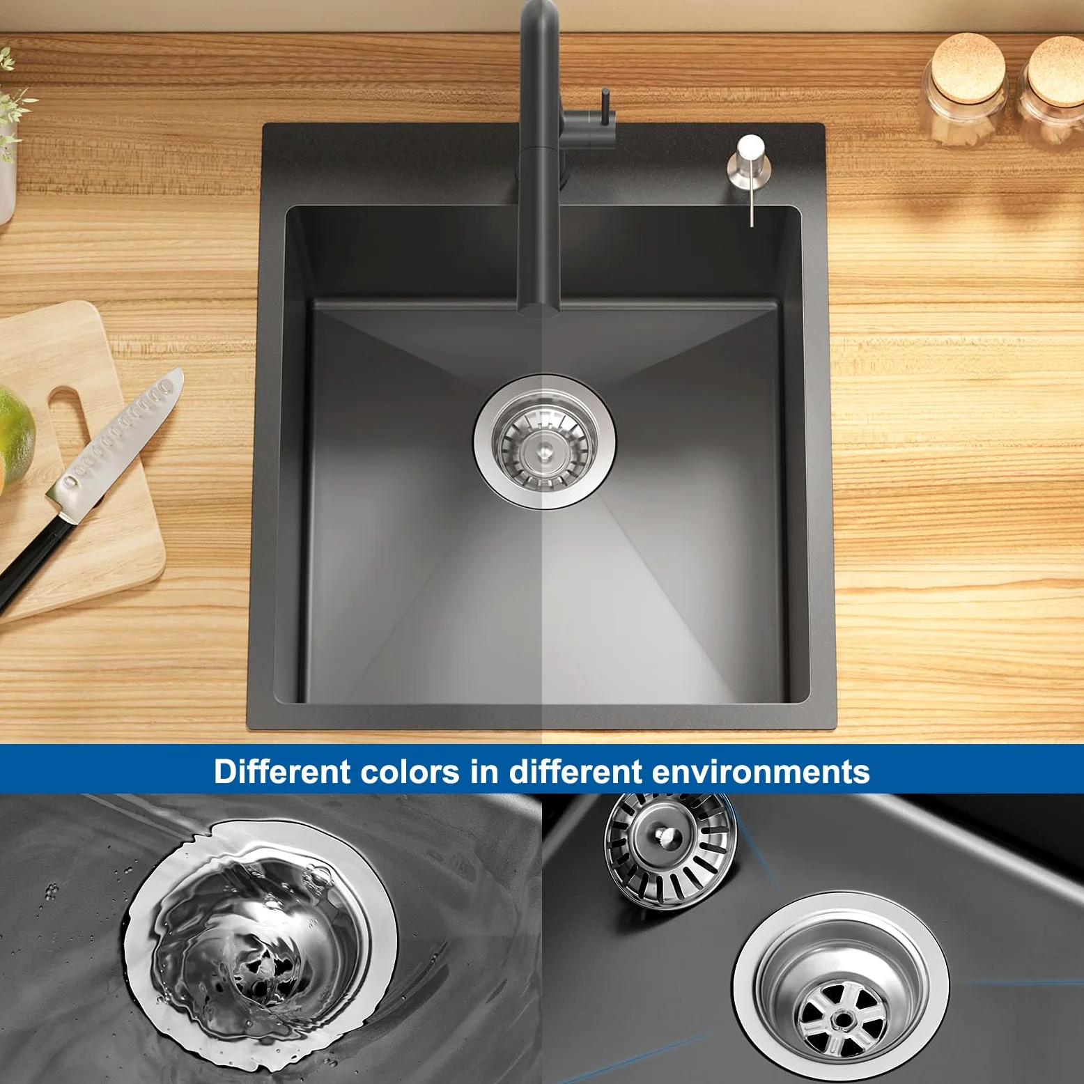 Lavello da cucina in acciaio inox nero con montaggio sotto piano di lavoro piccolo lavello da cucina con accessori per scolapiatti, adatto per cucine, roulotte, bar e ripostiglio