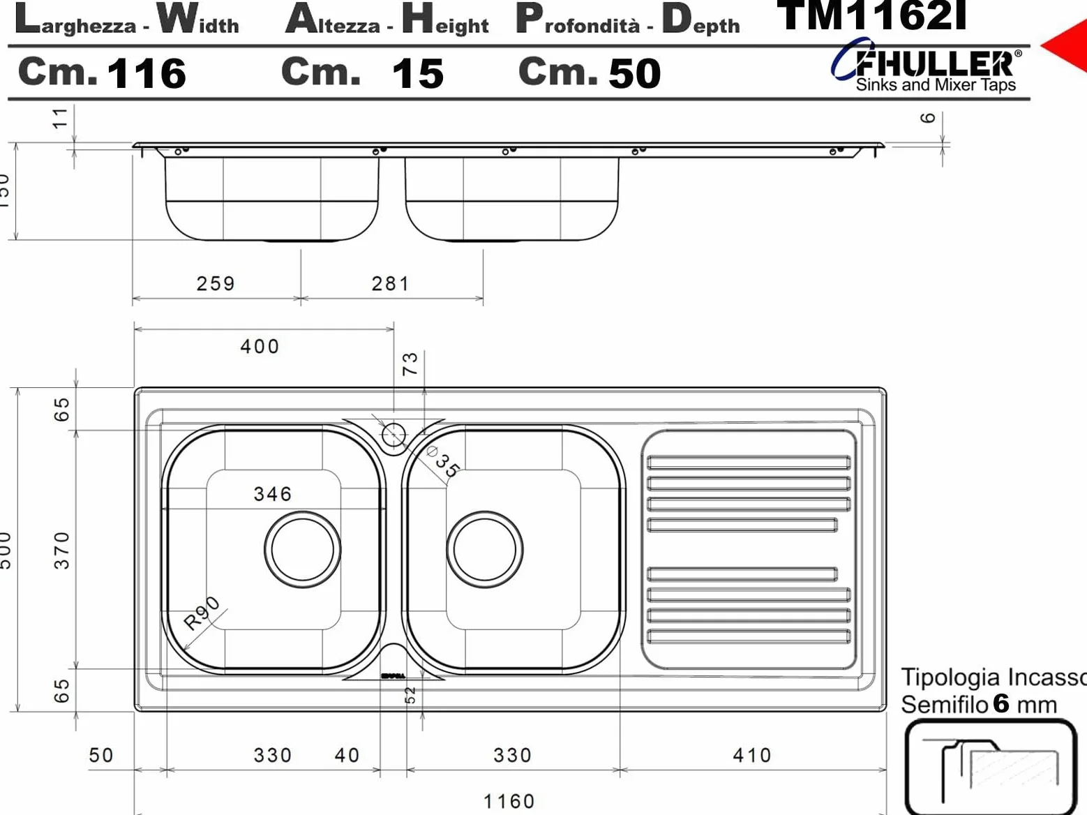 Lavello TM1162ILPC da incasso 2 vasche con gocciolatoio sinistro | Acciaio Inox Prelucido | 116x50 cm | Foro Scarico 3,5” | Lavello Cucina Resistente, Igienico e Facile da Pulire