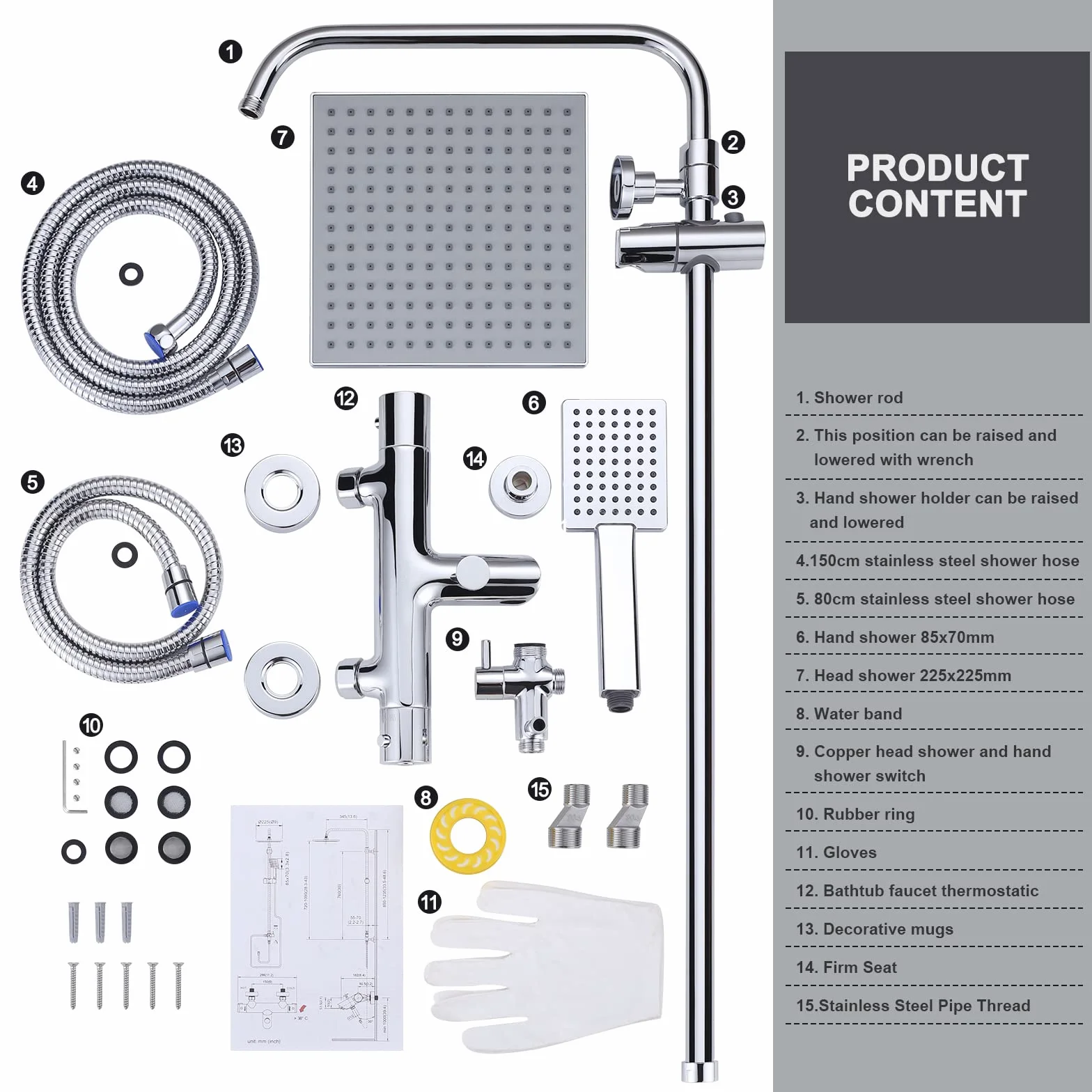 ARCORA Set Doccia Termostatico Completo, Sistema Doccia, Rame e Acciaio Inox, Miscelatore Vasca Doccia Termostatico 38℃, 3 Modalità di Erogazione, Cambio Facile Doccia-Vasca, Cromato