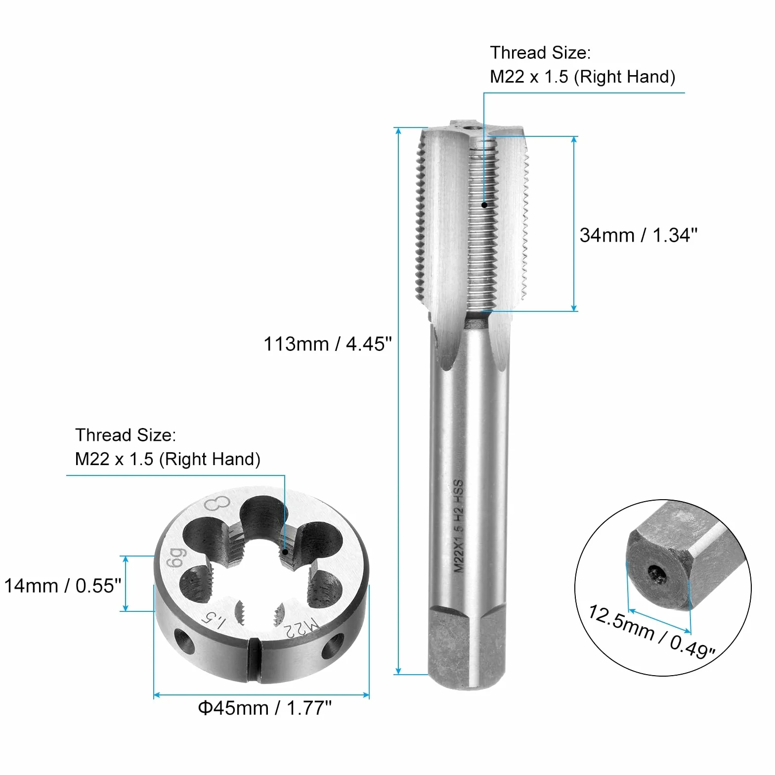 QUARKZMAN Set di 2pz Maschio e Filiere, Metrico M22 x 1.5 Maschio Filettatura e Filiere Rotondo, Kit di Attrezzi per Filettatura e Maschiatura per Riparazione di Dadi Viti