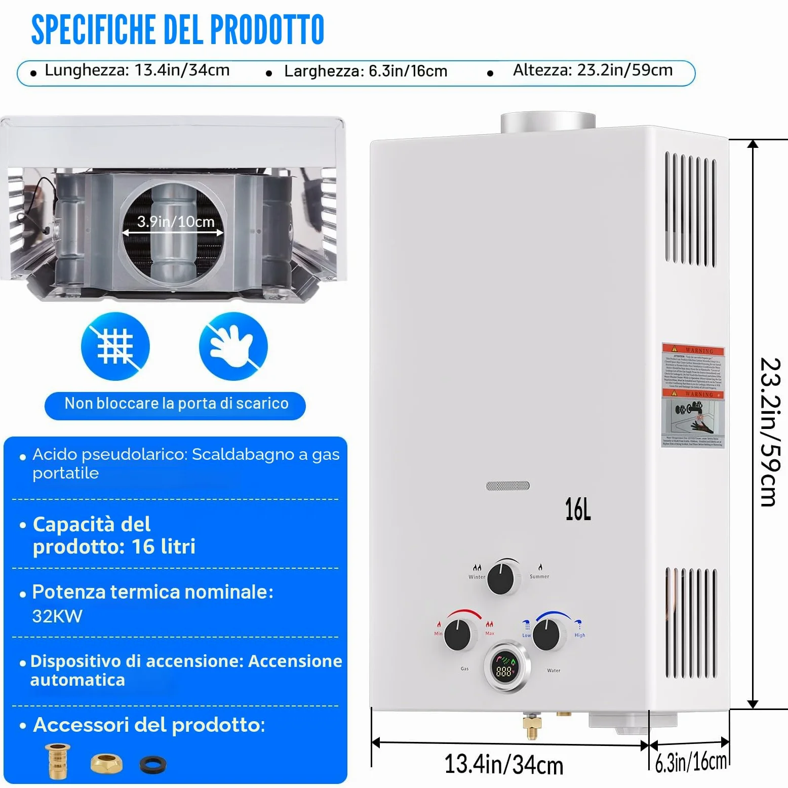 Scaldabagno a Gas 16L, All'aperto Portatile Scaldabagno Istantaneo a Propano con Display Digitale Multi-Protezione, Parete senza Serbatoio Scaldacqua Istantaneo Automatico, bianco