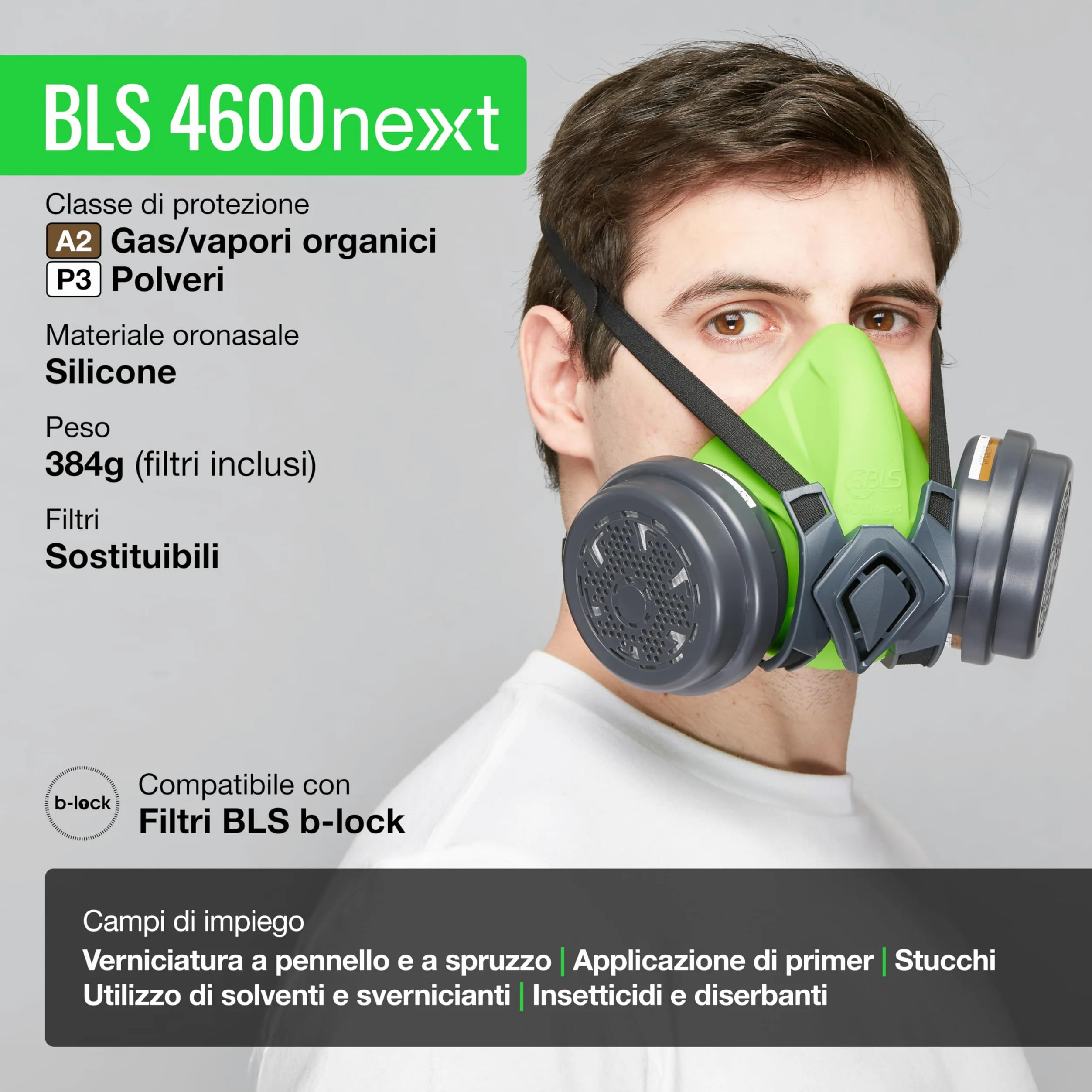 BLS 4600next A2P3 R D Semimaschera Protettiva in Silicone e 2 Filtri Sostituibili 221 A2P3 con Attacco a Baionetta b-lock. Per Gas/Vapori, Polveri, Verniciatura, Stuccatura e Solventi