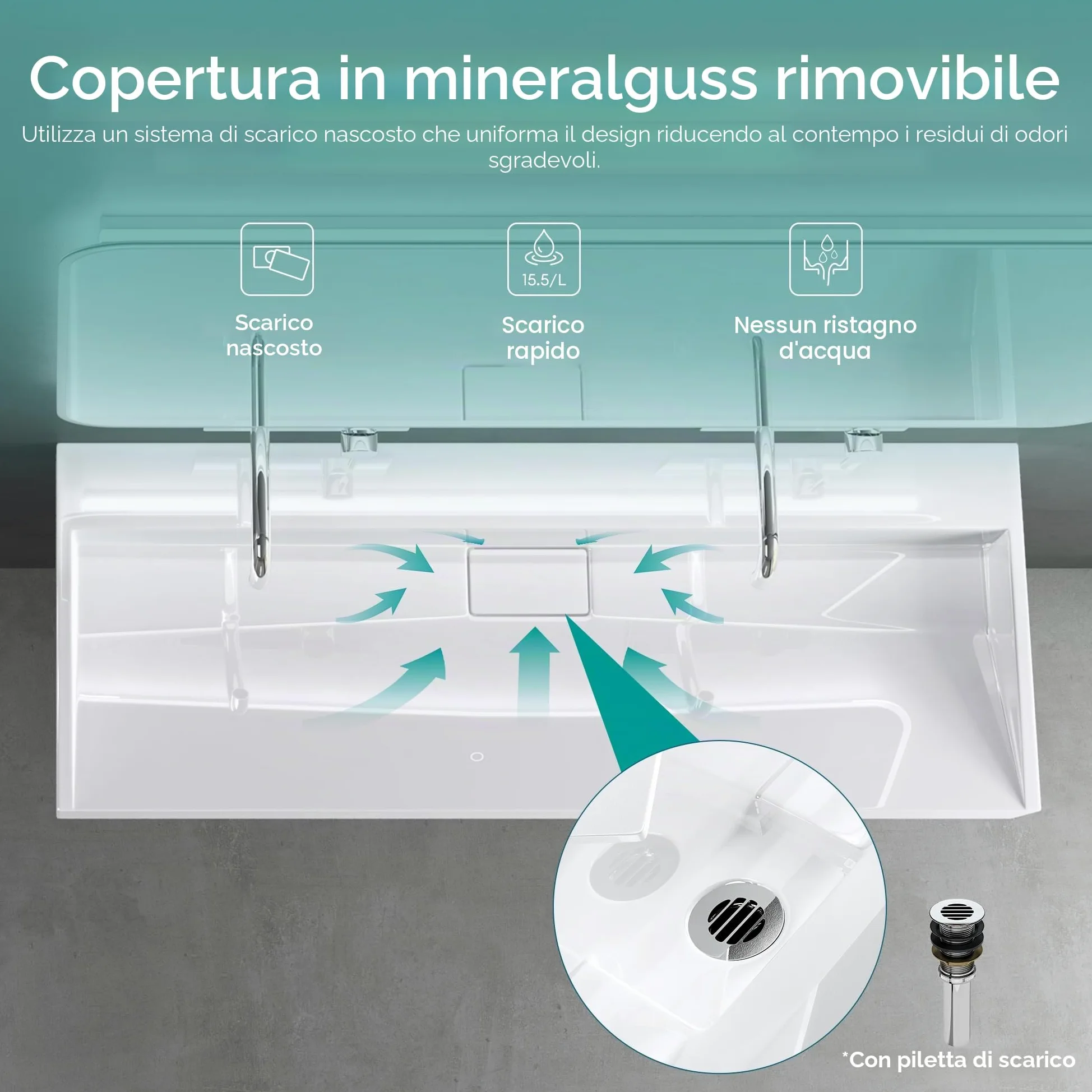Mai & Mai Lavabo da Appoggio 120x46x11cm, Lavabo Bagno Sospeso Lavandino Bagno con Piletta di Scarico Lavabo da Minerale fuso senza Foro per Rubinetteria, Colossum19-1200OA