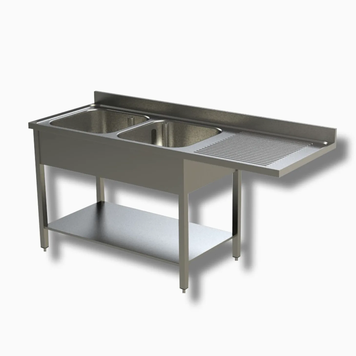 Ristoattrezzature Lavello in Acciaio Inox - Professionale, per Cucine Ristoranti e Pizzerie - 2 Vasche, Gocciolatorio a Sbalzo a Dx - 160x70x85h