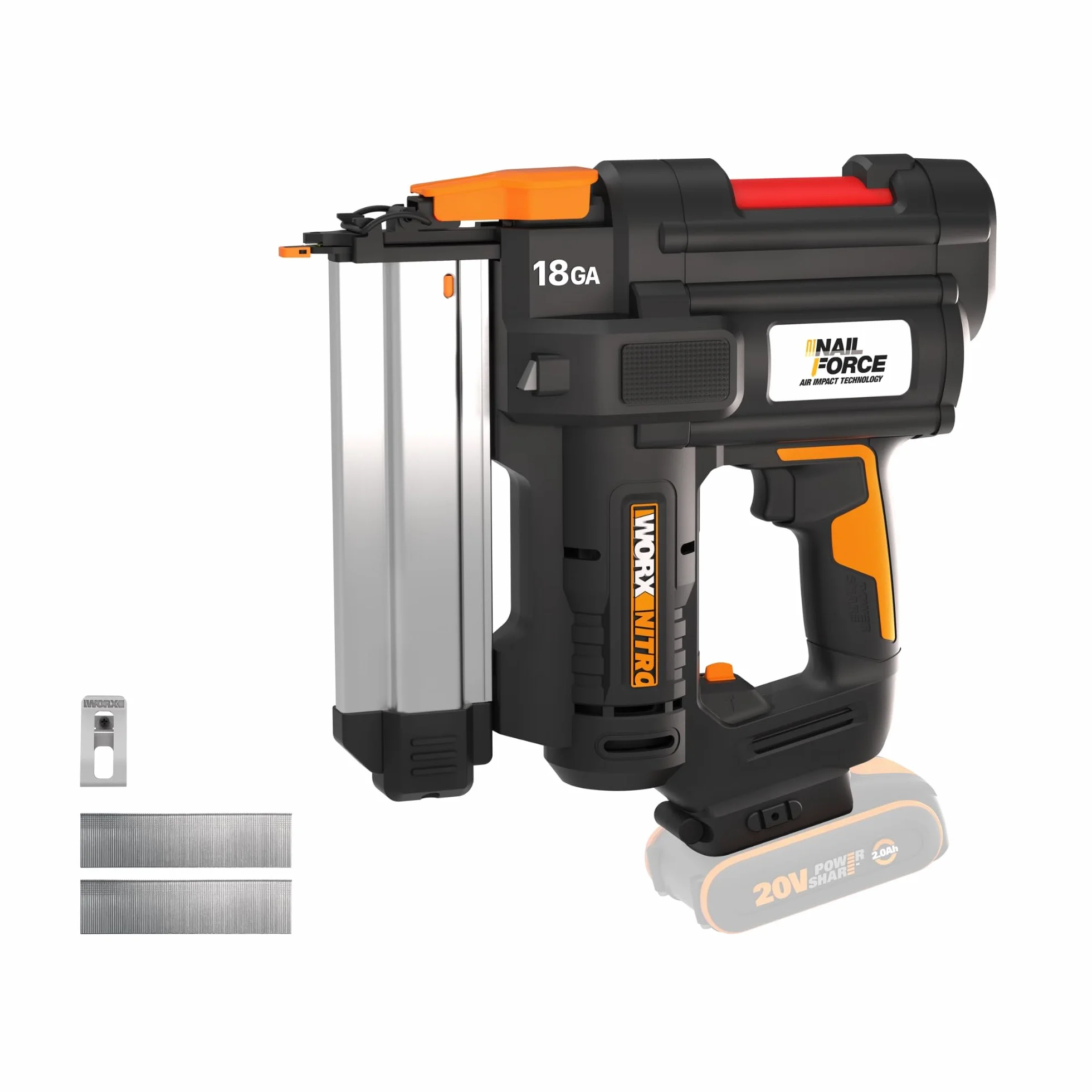 WORX NITRO WX842.9 Chiodatrice a batteria 20 V 18 GA – 80 chiodi/min – per chiodi da 15 – 50 mm – senza fili ad alta efficienza – risoluzione di inceppamento senza attrezzi