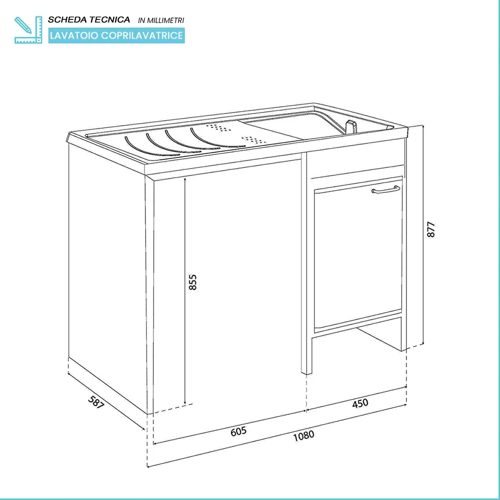 Inbagno Lavatoio e Coprilavatrice con Mobile in PVC 109x60x85 cm Bianco Vasca Destra