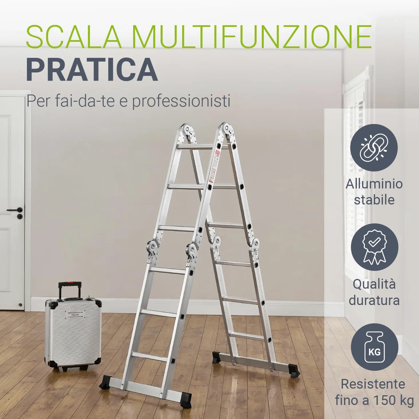 Scala multifunzionale pieghevole in alluminio Juskys 3x4 gradini, 3,6 m, portata fino a 150 kg – snodabile in 4 pezzi