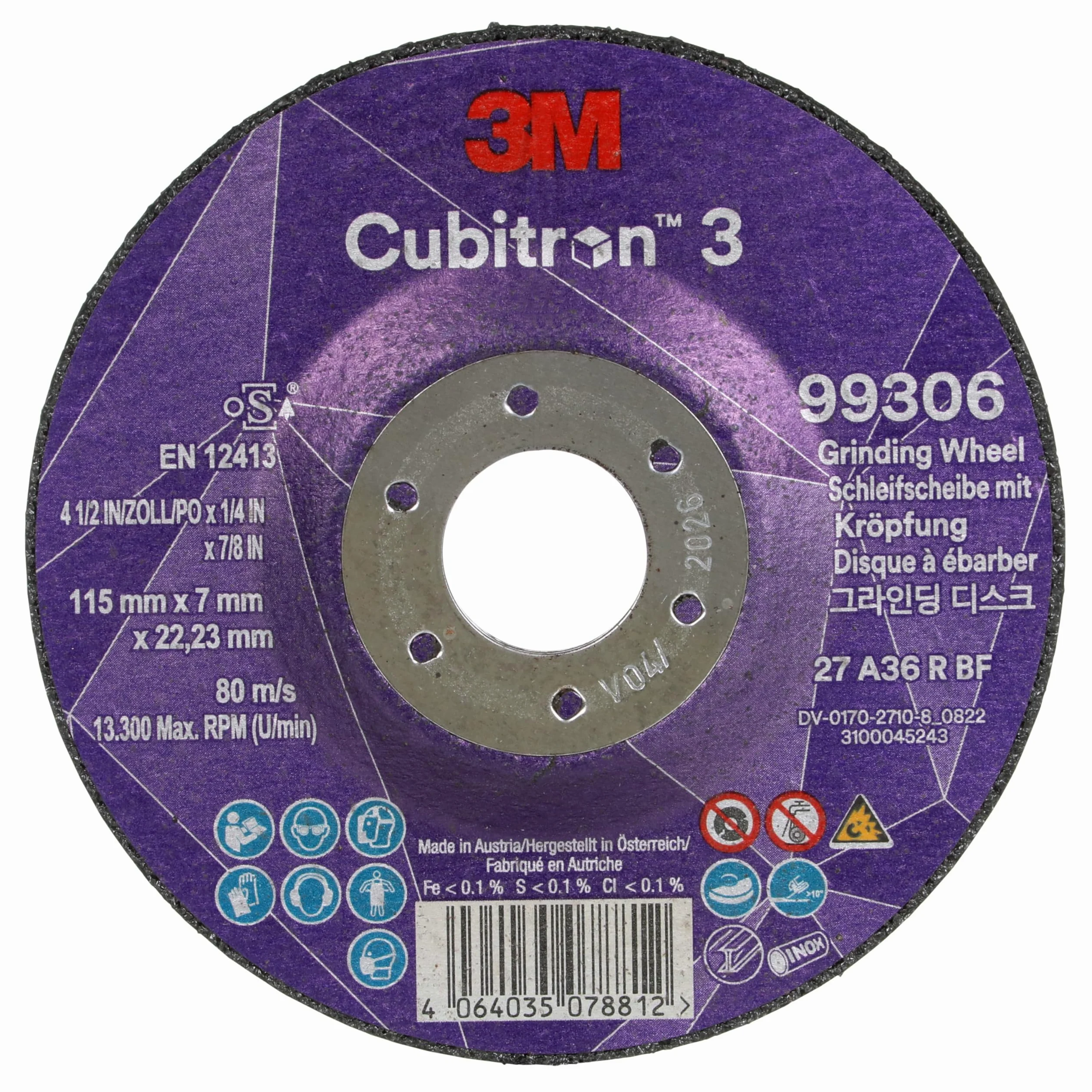 Disco da Sbavo a Centro Depresso 3M Cubitron 3, 99306, 36+, T27, 115 mm X 7 mm X 22.23 Mm, En, 10/Pack