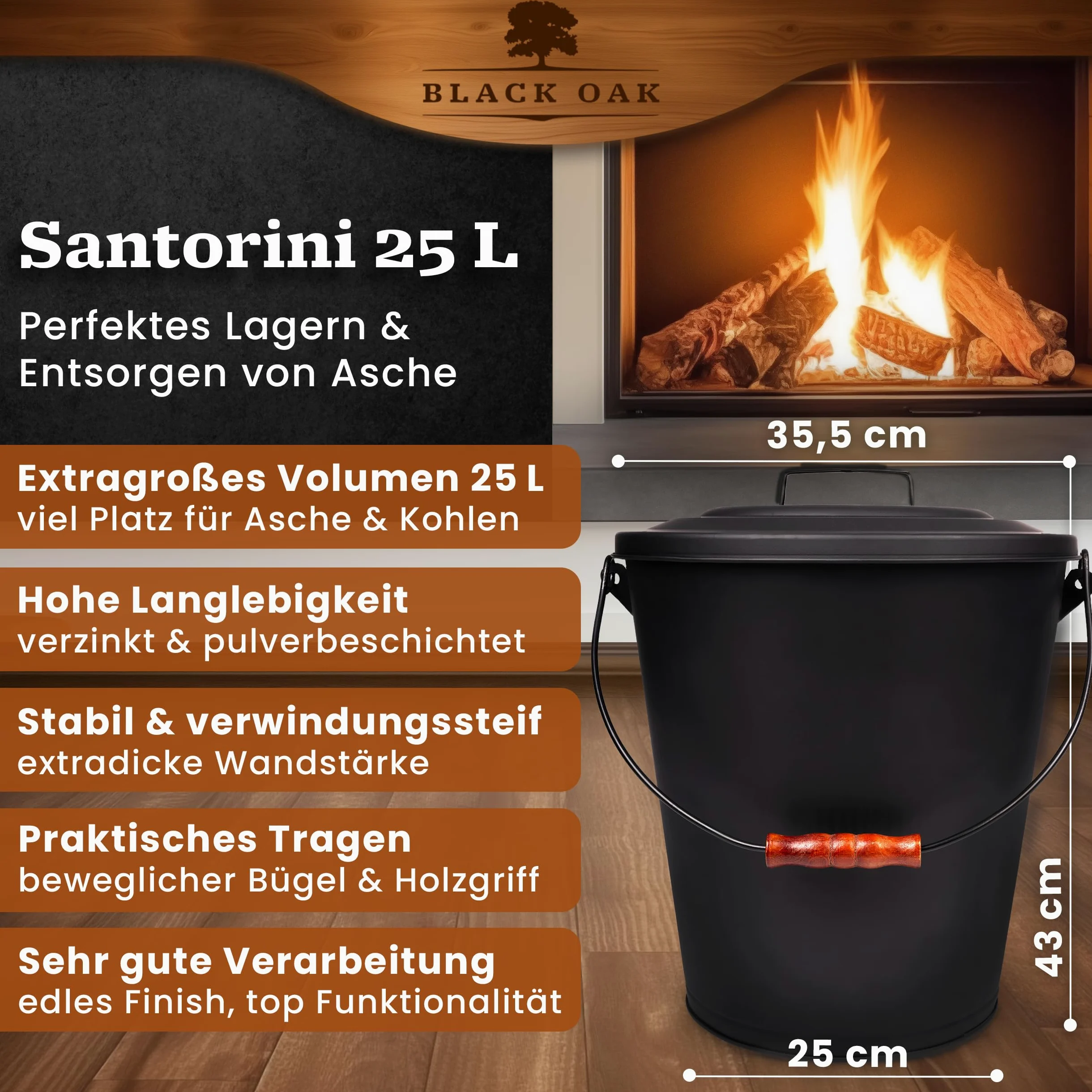 BLACK OAK Secchio per cenere Santorini, 25 l, nero con coperchio, XXL, extra grande, 25 litri, in acciaio zincato a prova di fuoco, verniciato a polvere, cenere e carbone, accessorio ideale per camino