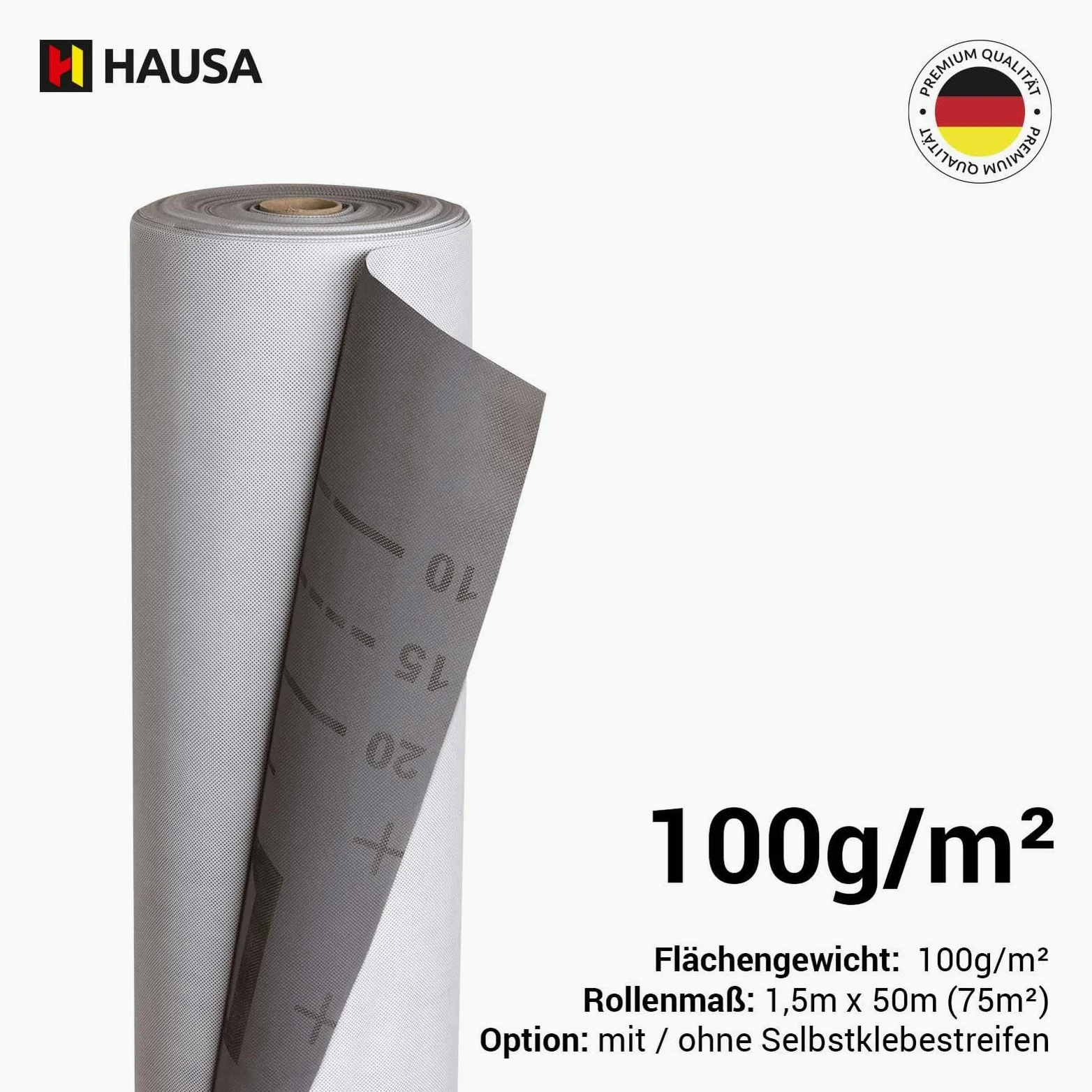 HAUSA Classic HU100SK - Binario flessibile a tre strati, ad alta diffusione, 1,5 m x 50 m (75 m²), 100 g/m², resistente agli strappi, resistente alle intemperie, con strisce autoadesive, impermeabile