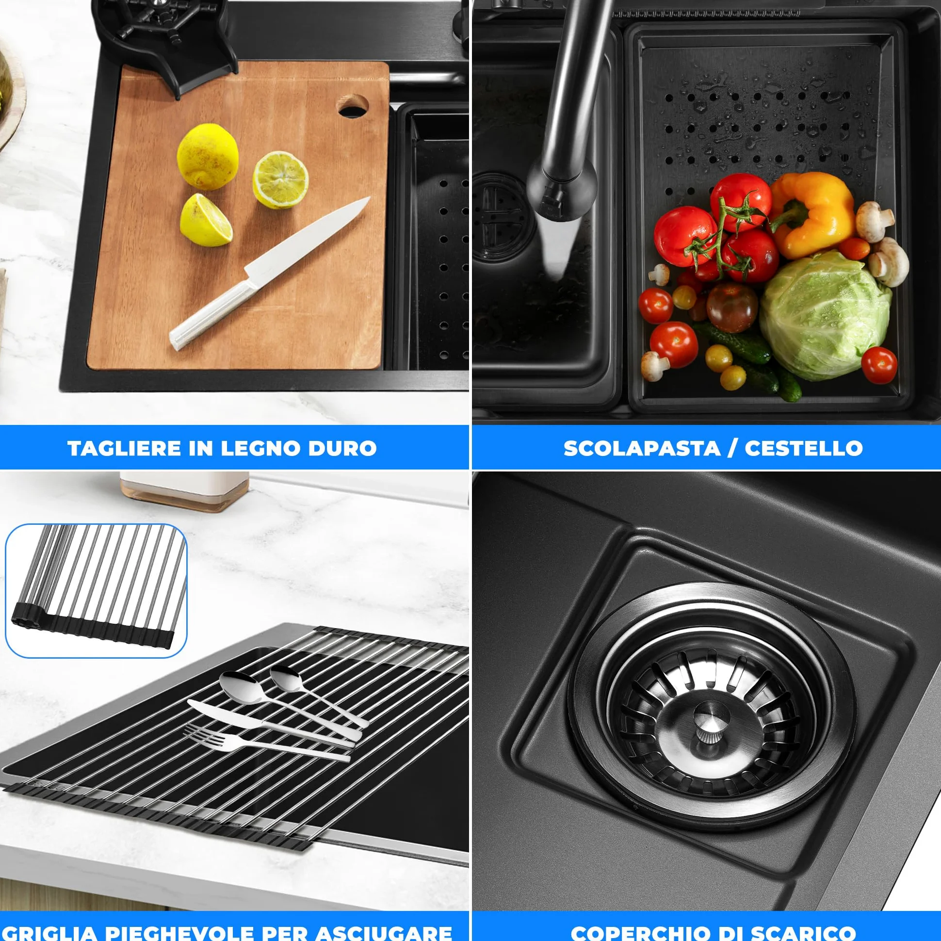 SereneLife Lavello Cucina 1 Vasca in Acciaio Inox Nero 75x46x22 cm, Lavandino Cucina con Scolapiatti, Cestello Filtro, Vassoio e Tagliere