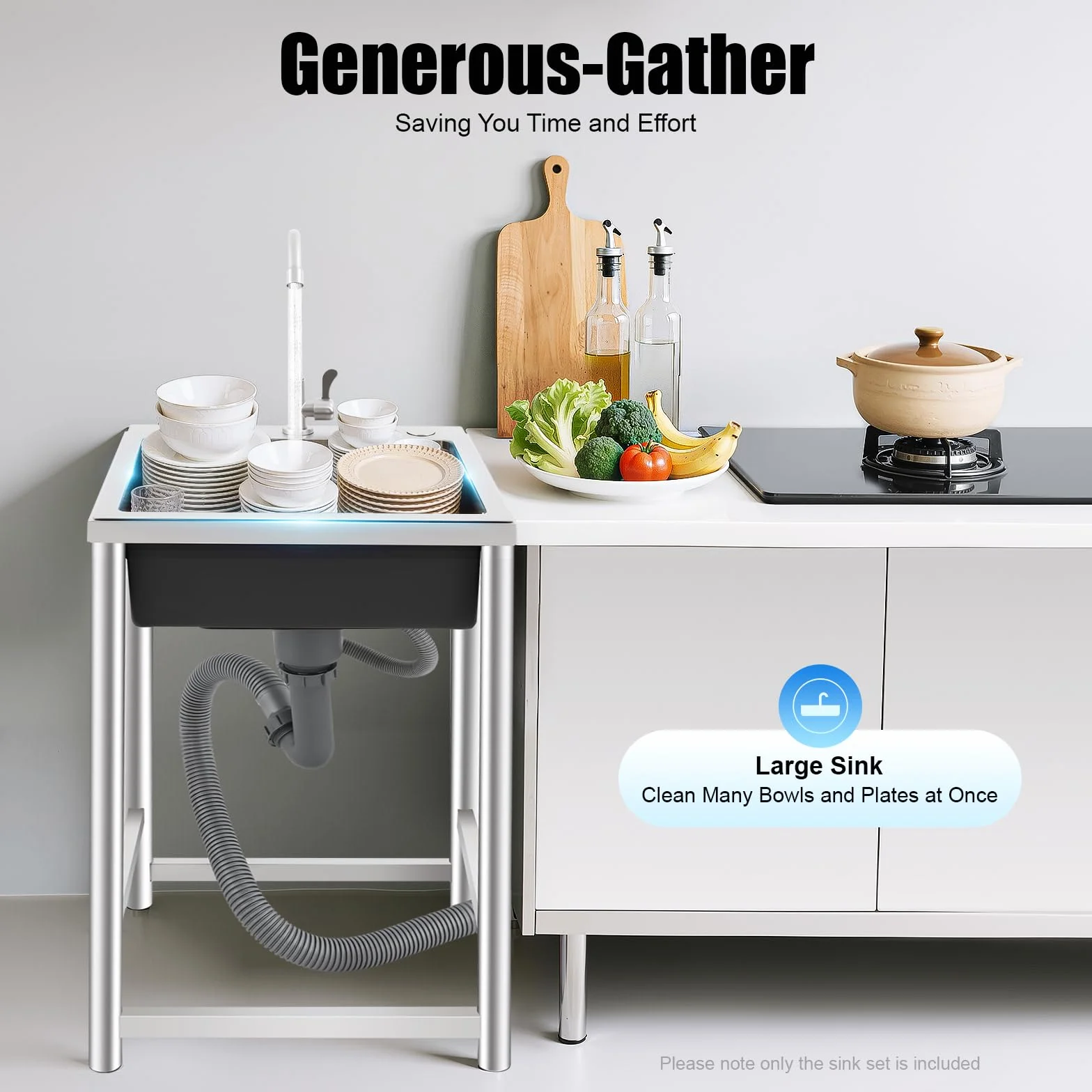 Lavandino da Esterno, 45x41x75cm Lavandino, Lavabo da Esterno, Carico Telaio 50kg, Lavandino da Esterno con Mobile, Lavabo da Giardino per Cucine, Lavanderie, Garage e Giardini (Argento/Nero)