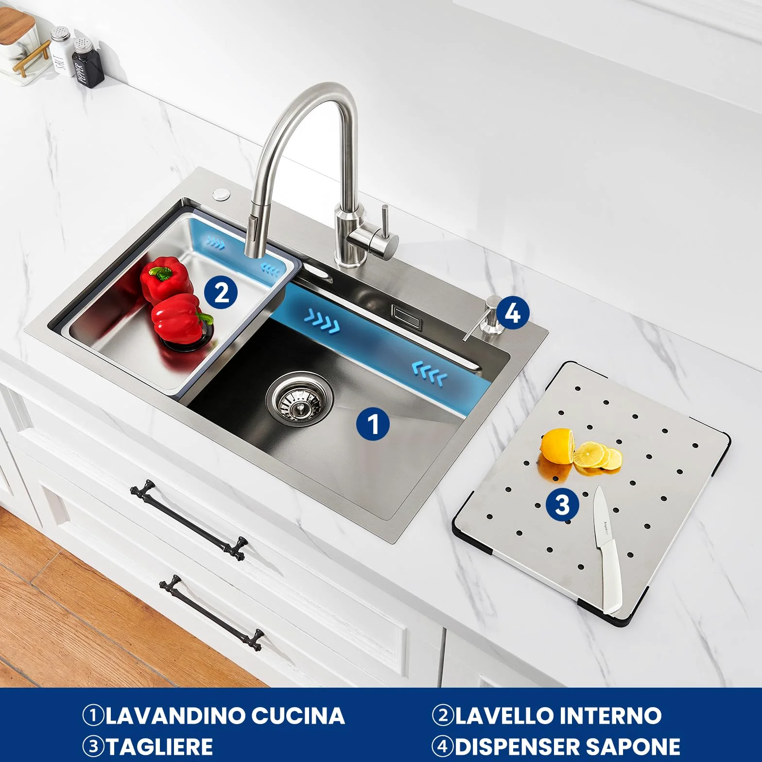 CECIPA Lavandino Cucina 70x45 CM, Lavello Cucina 1 Vasca con Dispenser Sapone, Lavabo Cucina con Vasca Mobile e Tagliere, Lavello in Acciaio Inox 201 con Sifone e Set di Drenaggio