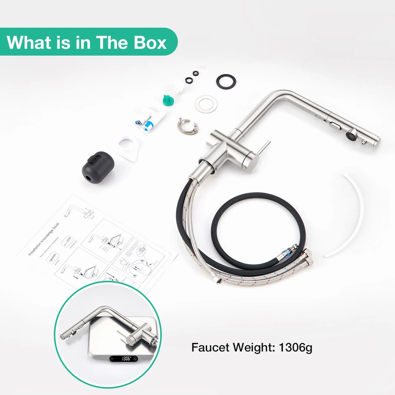 Faustina Rubinetto da cucina a 3 vie con doccetta estraibile, miscelatore monocomando, rubinetto per lavello, rubinetto da cucina per impianto di osmosi inversa e filtro dell'acqua in acciaio inox