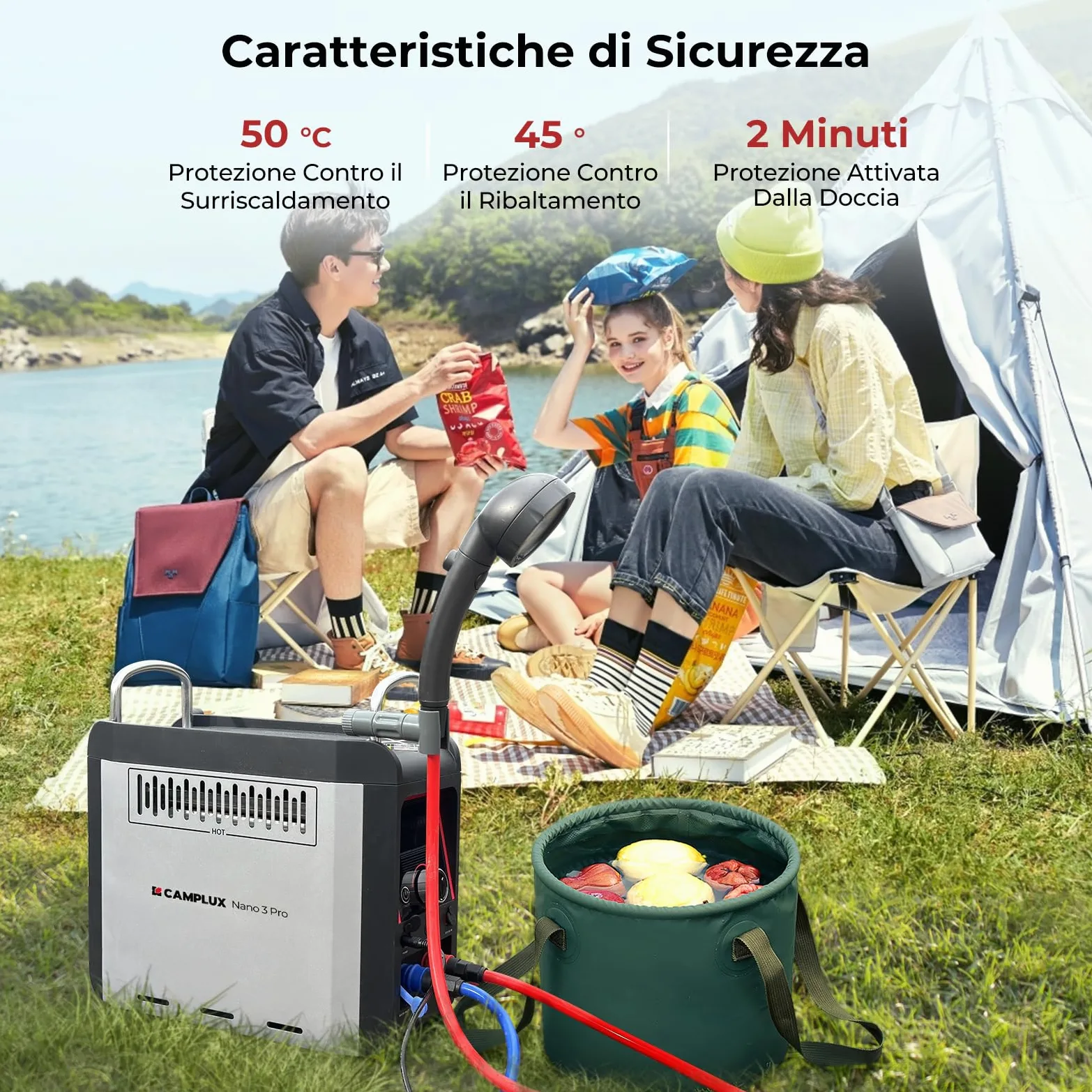 CAMPLUX Nano 3 Lt Scaldabagno a Gas Portatile con Pompa dell'acqua, GPL, 50mbar, 12V, per Doccia Esterna, Campeggio, Nano 3 Pro-DE