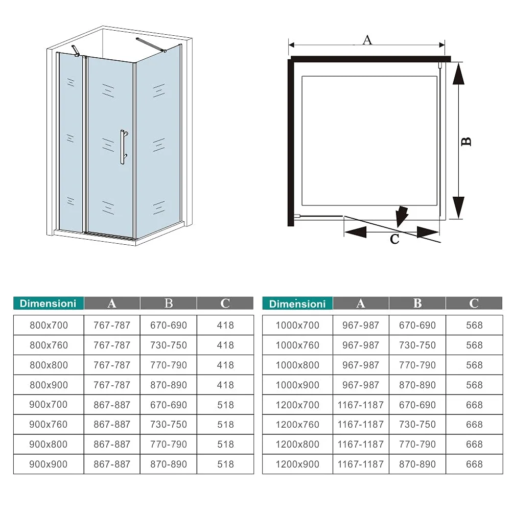 100x80 cm Box Doccia Angolare Porta Battente con Parete Laterale Vetro 6 mm Temperato Anticalcare con Barra Stabilizzatrice Cromato Lucido Alto 195 cm