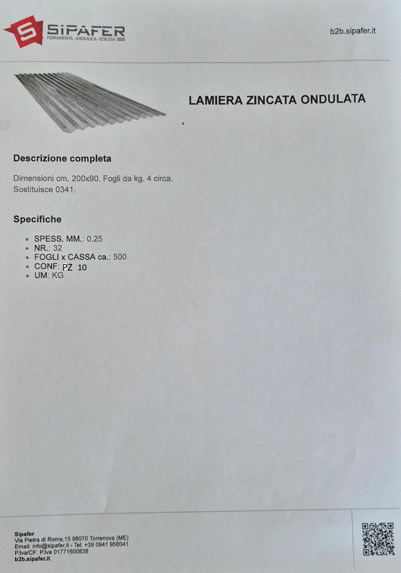 PZ 10 LAMIERA ZINCATA ONDULATA A FOGLIO 200x90 CM - SPESS. 0,25 mm COPERTURA