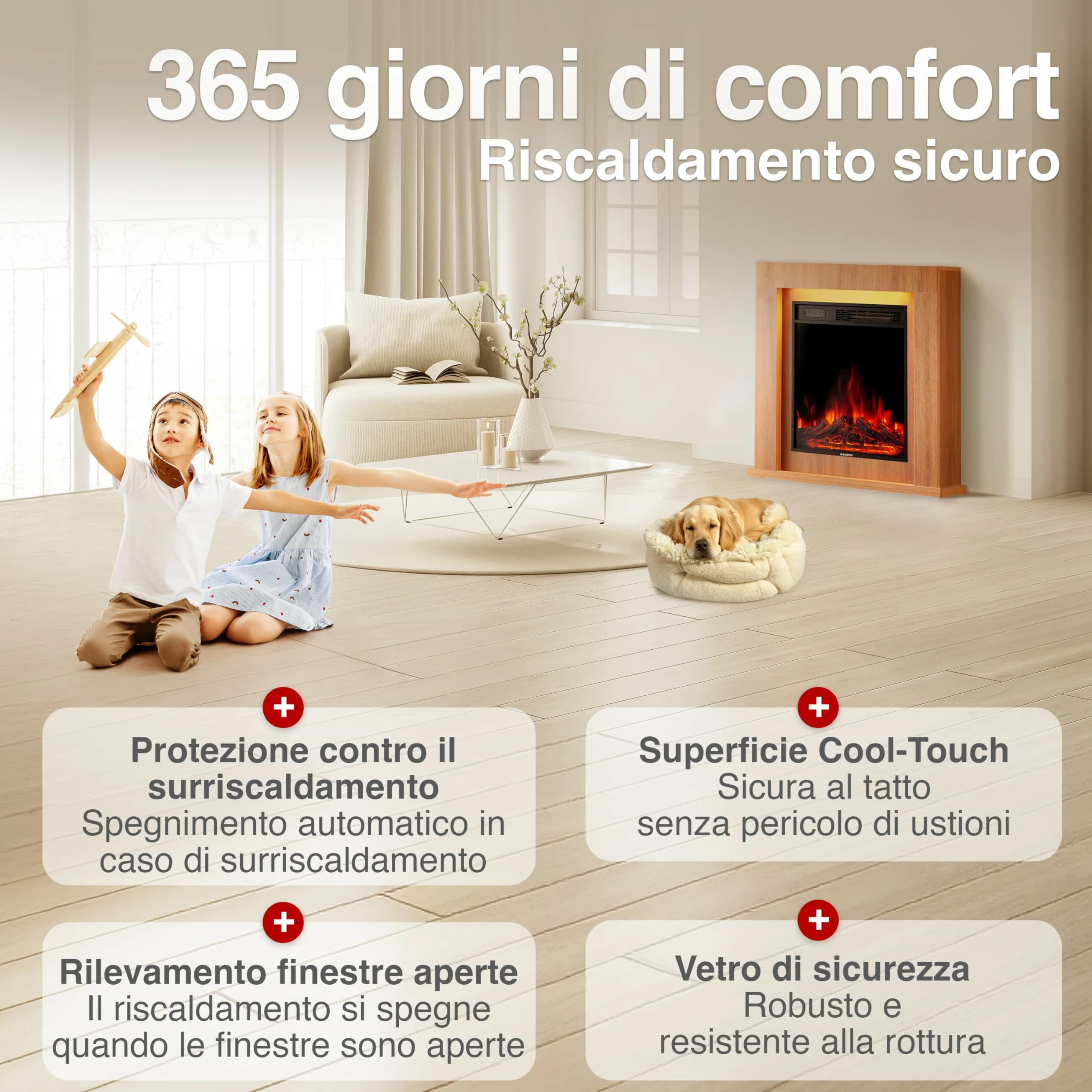 KAMINIO Camino elettrico Matti - Caminetto da pavimento con riscaldamento, effetto fiamma 3D, luce ambiente a LED, telecomando - 32 pollici (Querica)