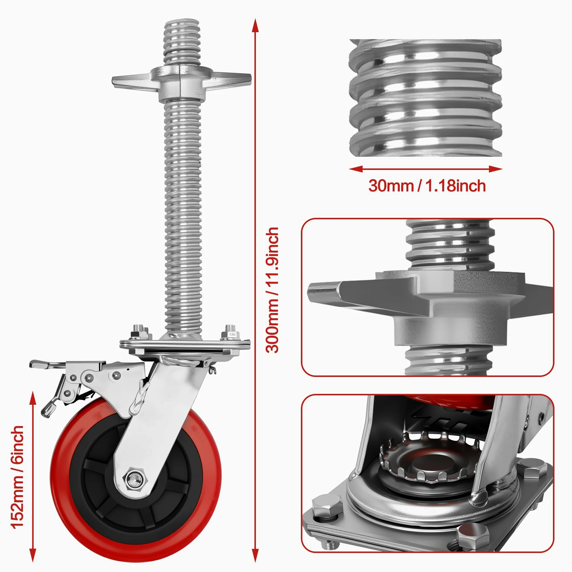 Set di 4 ruote per ponteggi con freno, gambe regolabili da 15,2 cm, ruote in gomma di bloccaggio resistenti per ponteggi e torri