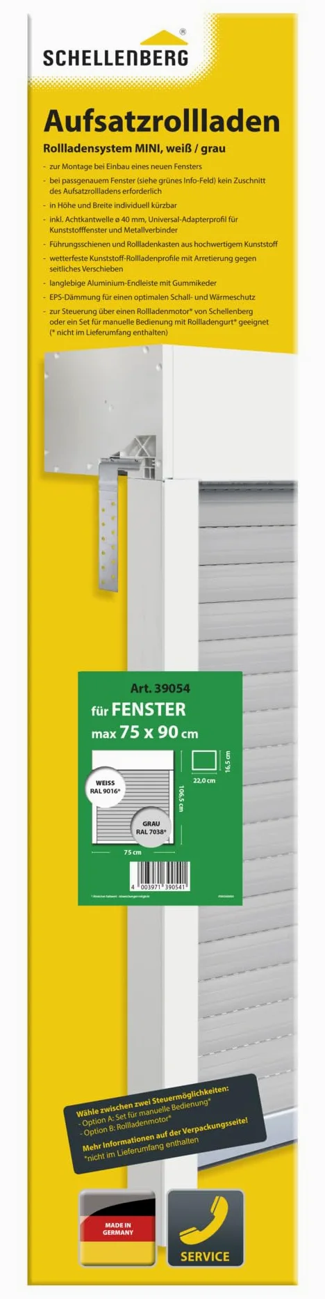 Schellenberg 39054 - Set di tapparelle a soffitto per finestre, sistema di tapparelle Mini, PVC, 75 x 90 cm, bianco/grigio, regolabile in altezza e larghezza, incl. isolamento EPS e accessori per il