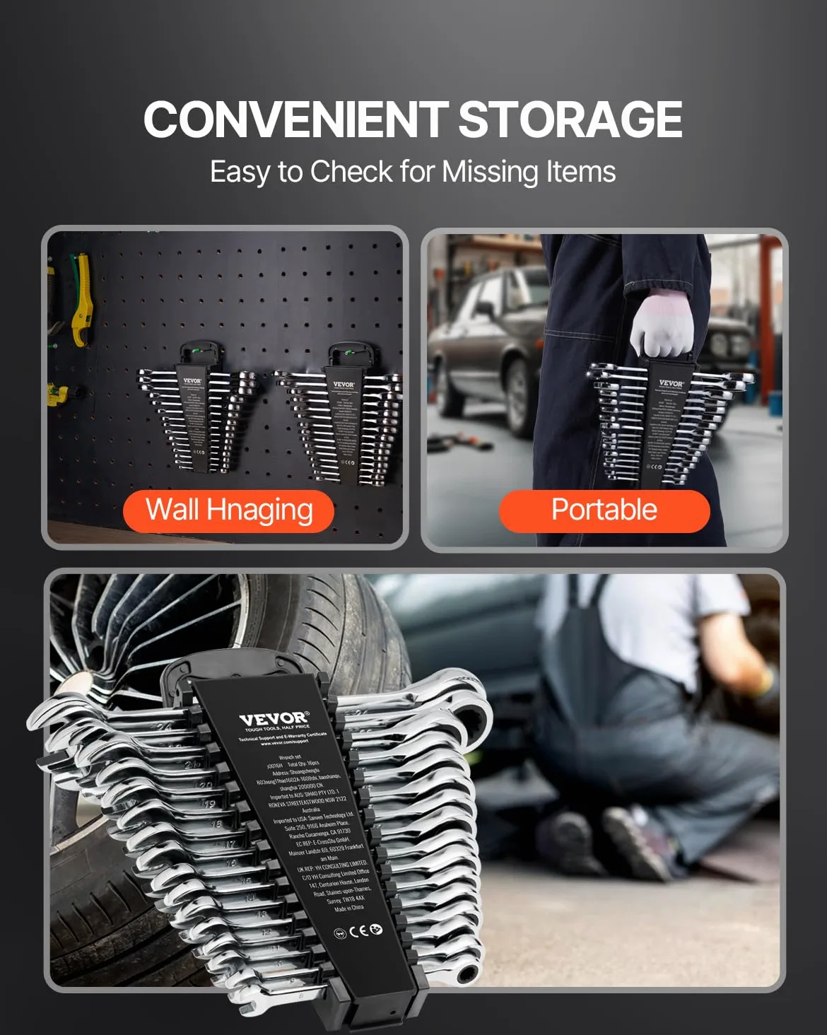 VEVOR Set di Chiavi Combinate da 16 Pezzi, Set di Chiavi a Cricchetto con Organizzatore per Rack, Set di Chiavi in ​​Acciaio Cr-V Metrico da 8 mm a 24 mm, per Casa, Garage, Officina, Riparazioni Auto