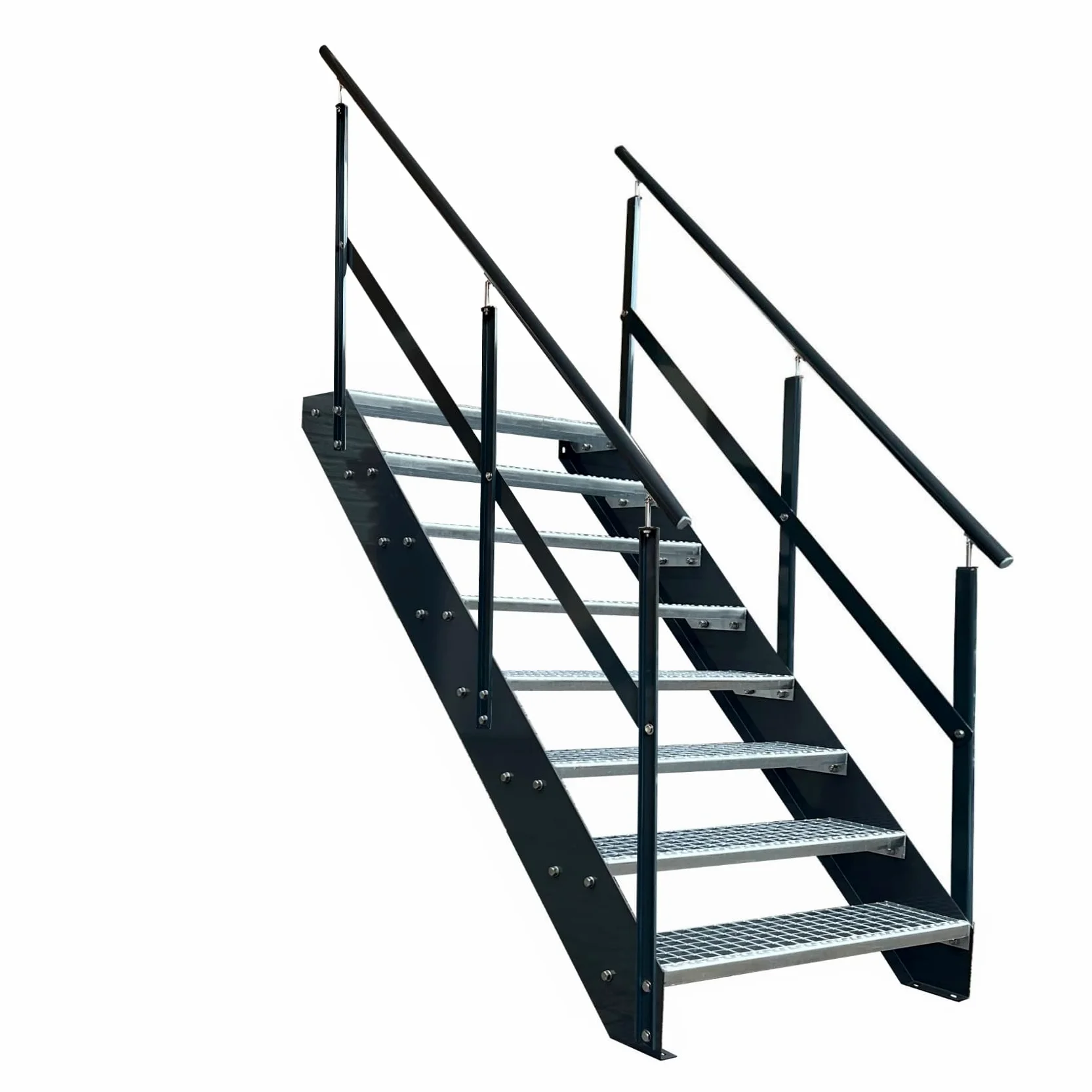 Scala in acciaio di alta qualità con ringhiere/guance e ringhiere su entrambi i lati, antracite RAL 7016/8 gradini zincati (larghezza 1000 mm) (altezza 152 cm), resistente alle