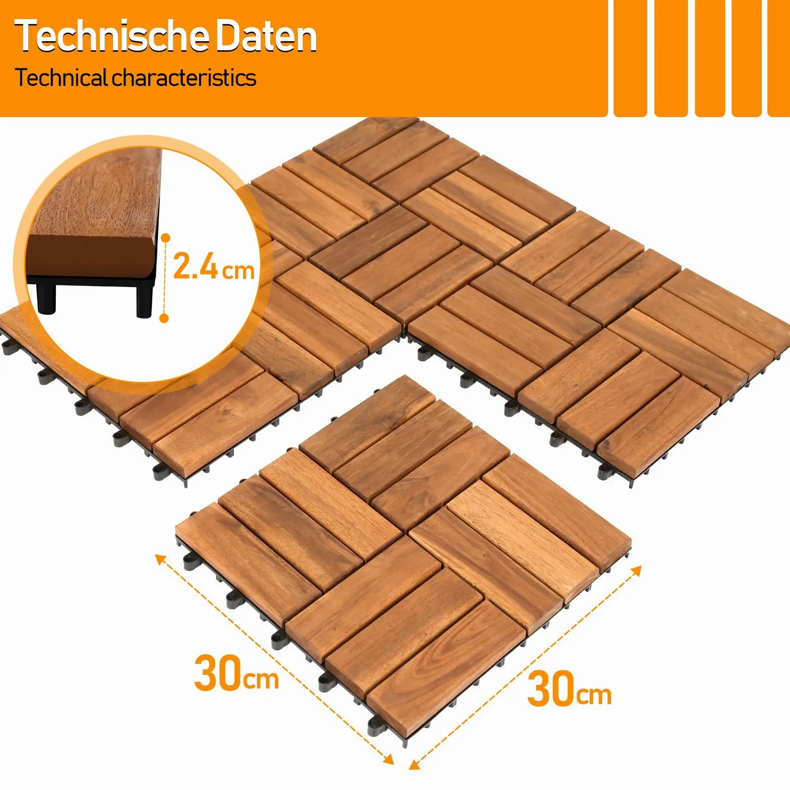 Piastrelle in legno per terrazze, 110 piastrelle per 10 m², 30 x 30 cm, piastrelle per balconi resistenti agli agenti atmosferici con sistema di drenaggio, in legno di acacia con sistema di