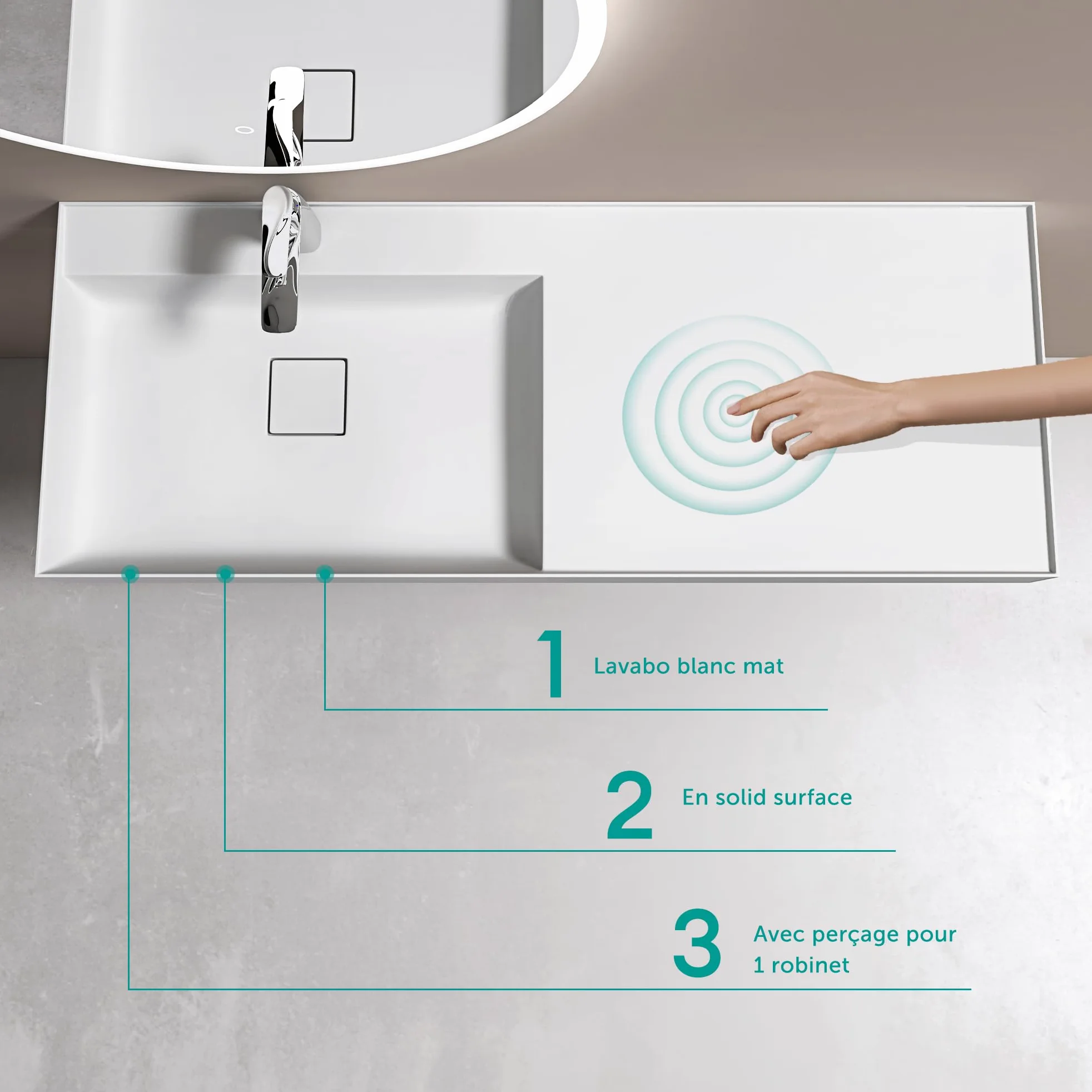 doporro Lavabo Bagno Sospeso 120 cm Rettangolare in Resina Bianco Opaco con Vasca Integrata Centrale e Piletta Inclusa – Colossum630