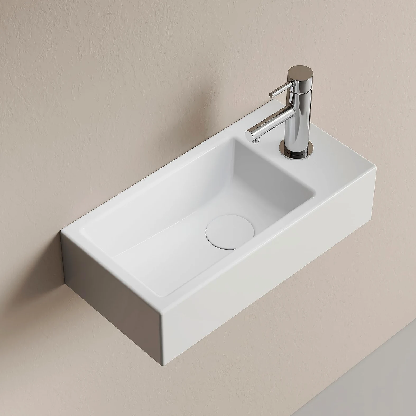 EMKE Lavabo Sospeso 405 x 205 x 105 mm – Lavabo Compatto ed Elegante per Piccoli Bagni e WC Ospiti – Rubinetto a Destra, Installazione a Parete,Bianco Lucido
