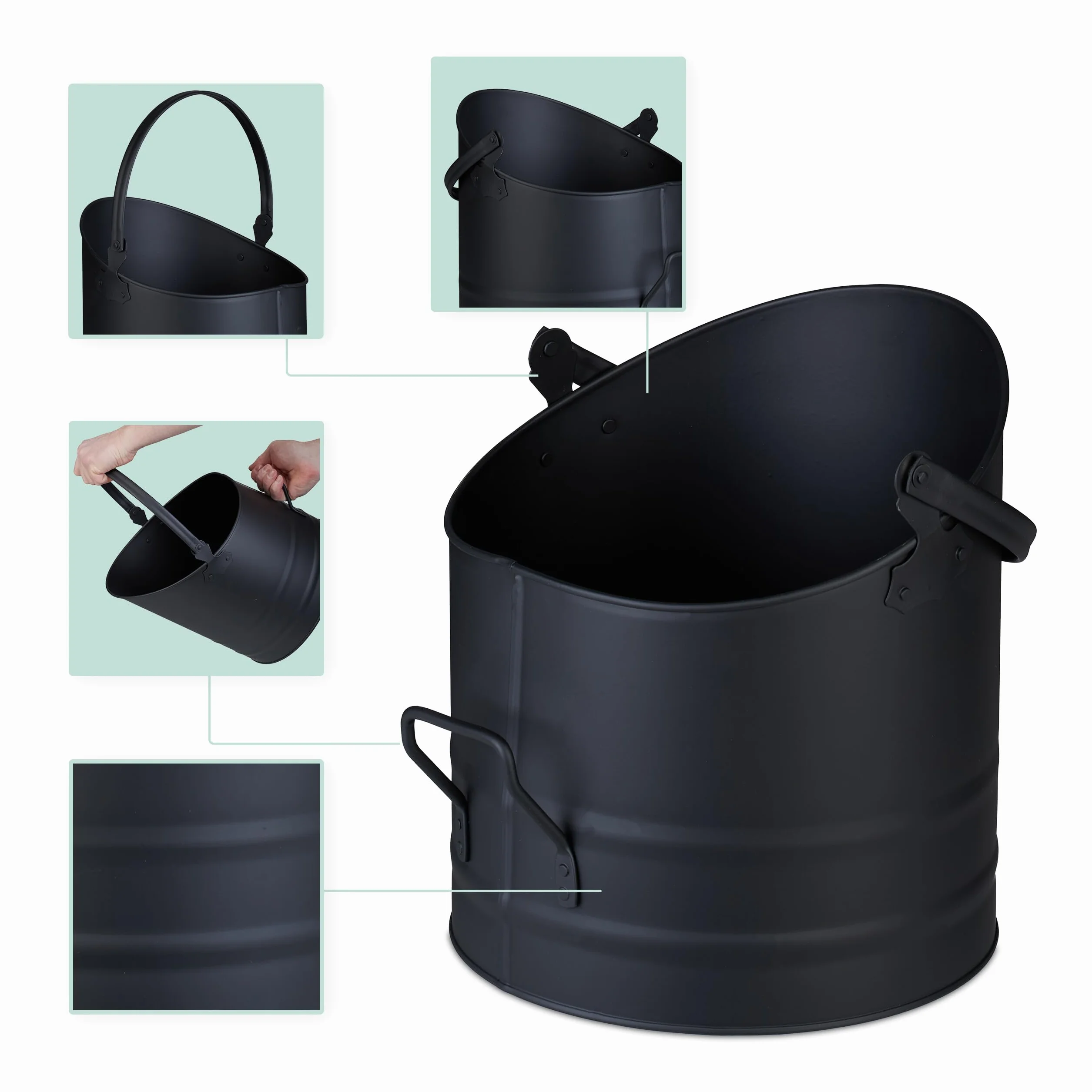 Relaxdays Secchio Raccogli Cenere e Legna da Ardere, Cestello 9,5 L con Scopa e Paletta da Camino, Cestino Ferro, Nero
