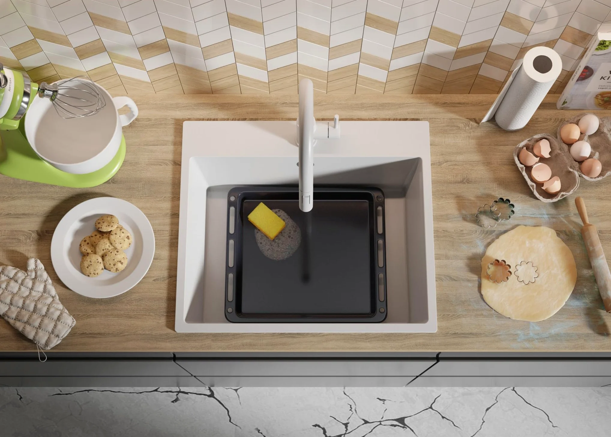 PRIMAGRAN Lavello da Cucina Tutto Bianco 58x50cm, Lavandino in Granito a 1 vasca + Sifone Classico, Lavabo da Cucina Incasso al Mobile 60cm - Riga S312