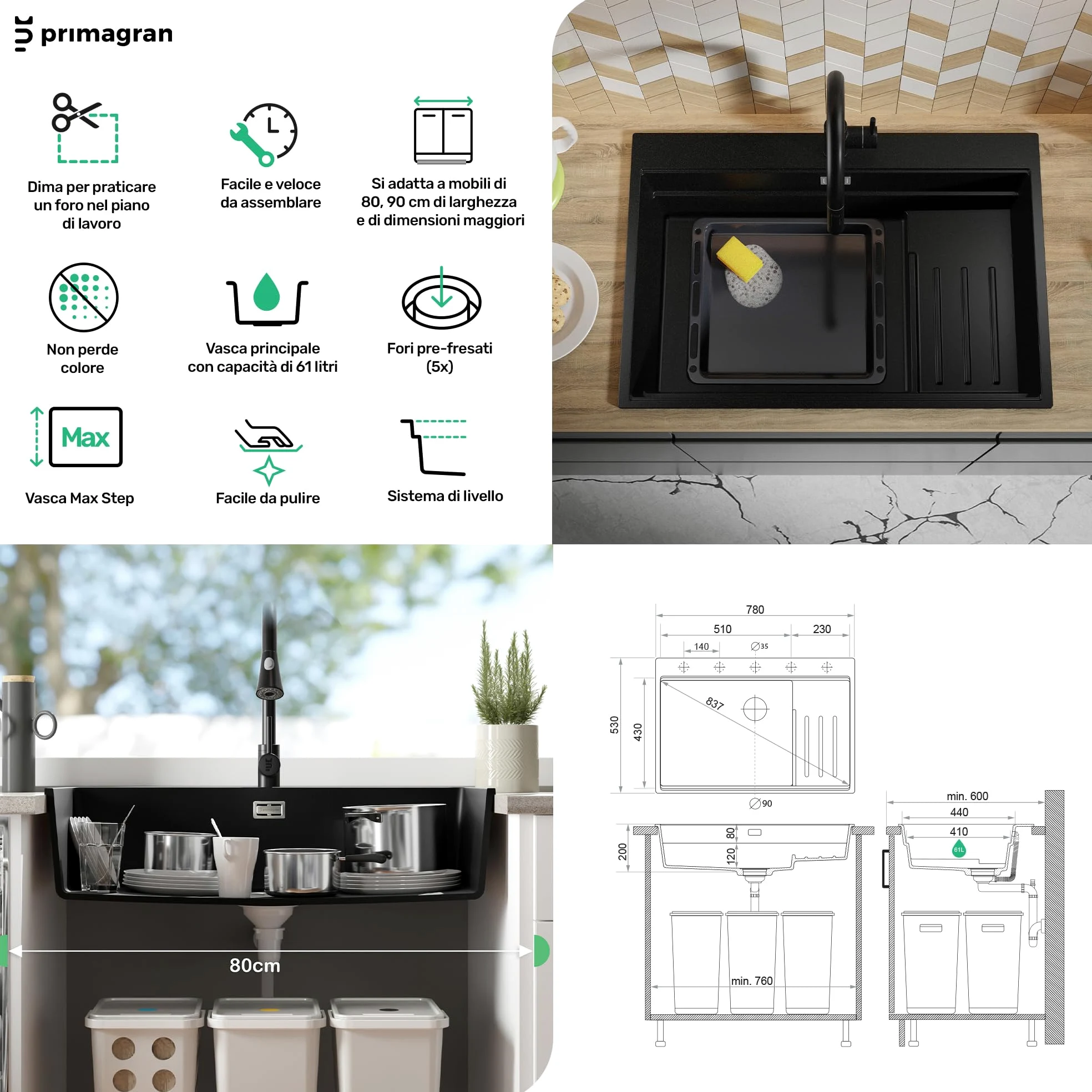 PRIMAGRAN Lavello da Cucina Nero 78x53cm, Lavandino in Granito a 1 vasca + Sifone Classico, Lavabo da Cucina Incasso al Mobile 80cm - Oslo Max Step S095