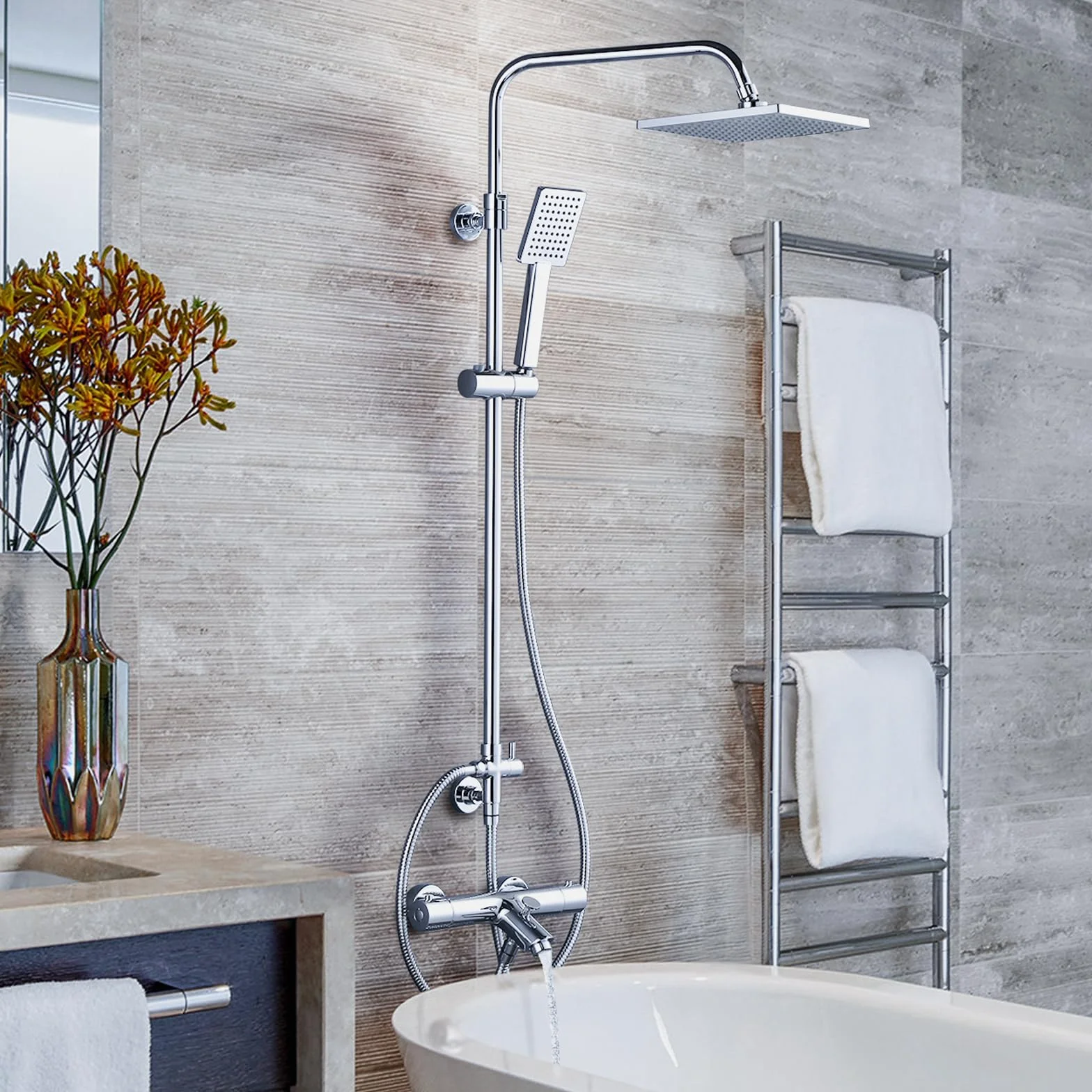 ARCORA Set Doccia Termostatico Completo, Sistema Doccia, Rame e Acciaio Inox, Miscelatore Vasca Doccia Termostatico 38℃, 3 Modalità di Erogazione, Cambio Facile Doccia-Vasca, Cromato